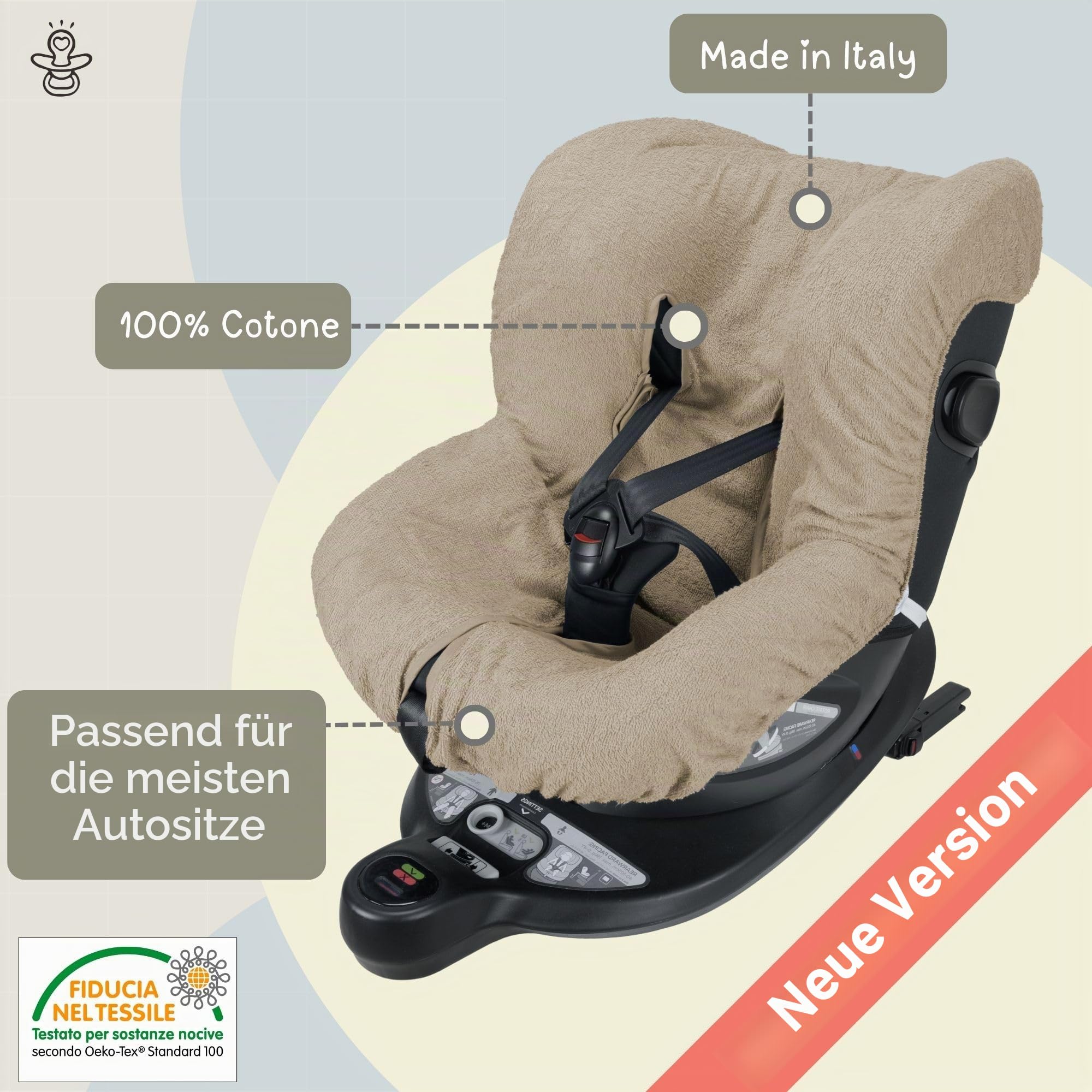 Babysanity® Weicher Universaler Autositzbezug 0/18 Aus Doppelter 100% Baumwollfrottee – Waschbarer Sitzbezug Mit Gurtöffnungen – Made in Italy- Beige