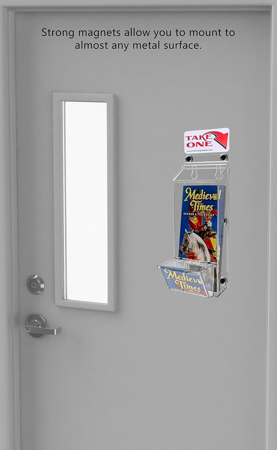 Brochure Box with Lid Metal Mount Clear Acrylic Outdoor Caddy Holds 4" x 9" Trifold Advertisements and 3.5" x 2" Business Cards with Take One Sticker Hangs On Smooth Surfaces by Marketing Holders