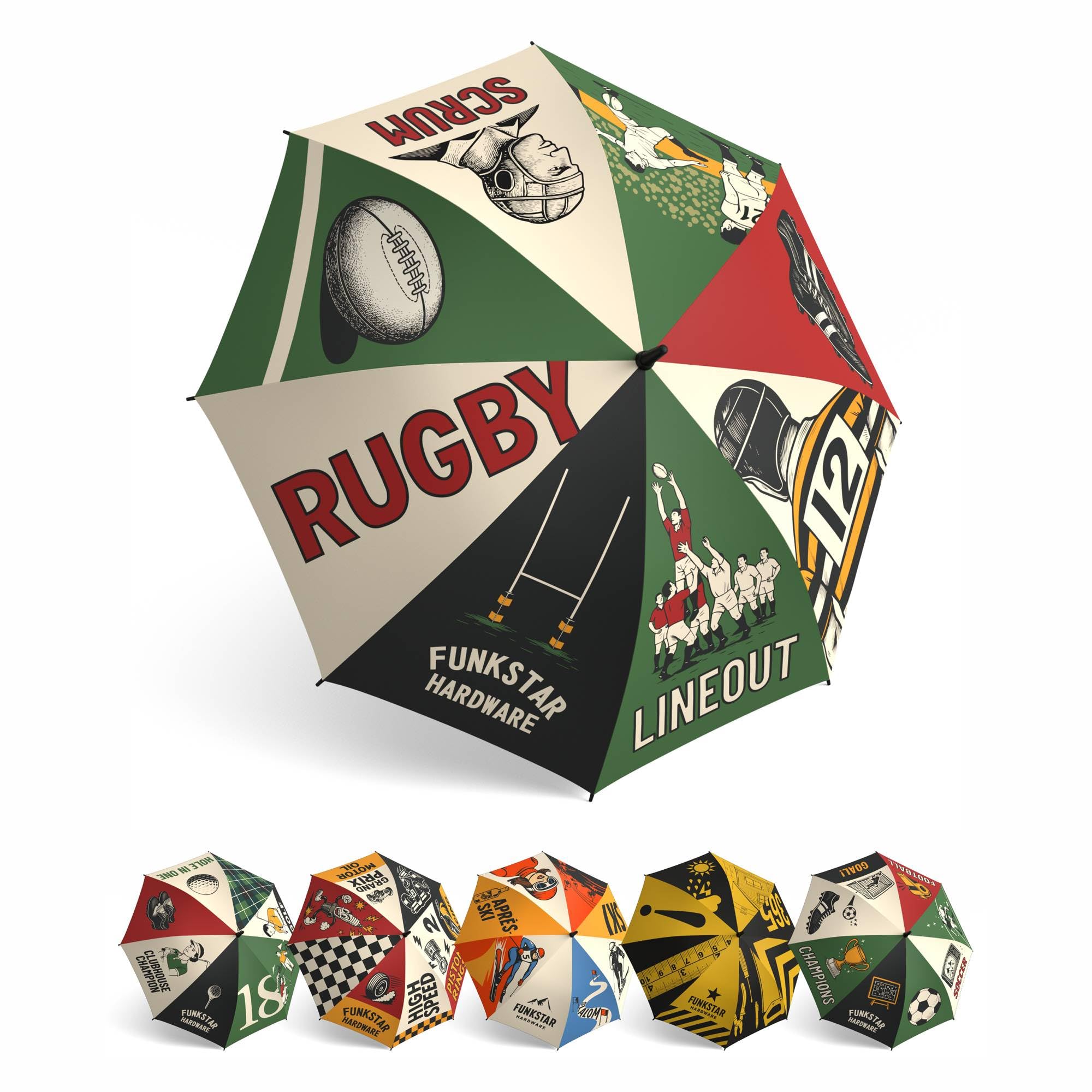 Funkstar Hardware Classic stick umbrella | Rugby design | 115cm windproof fiberglass | Auto open | Waterproof | Large canopy | Rugby gift for men and women
