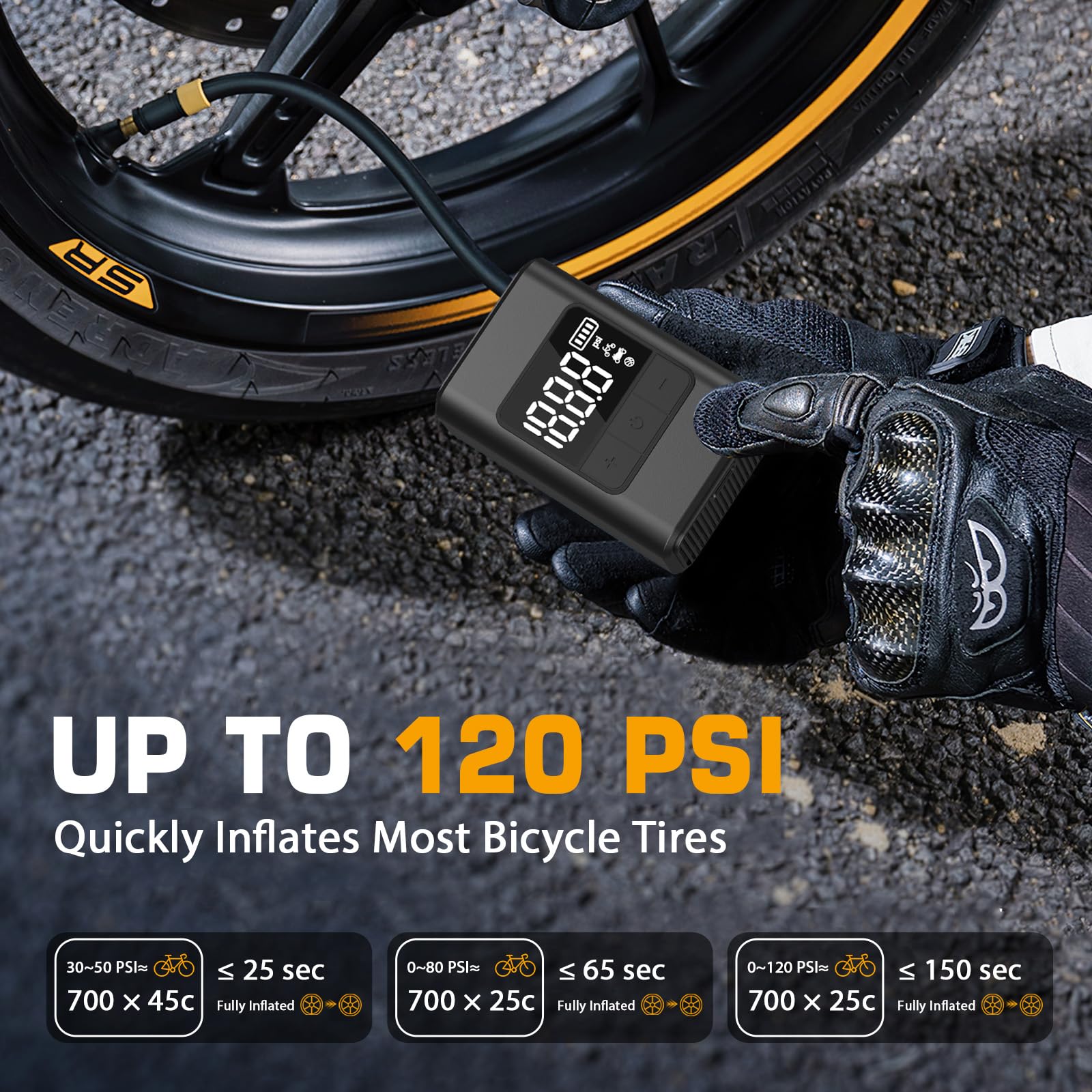 Pompe à Vélo Electrique Mini Pompe Portable avec Manometre LED Max 120 PSI avec Fonction d'arrêt Automatique du Gonflage Valves Presta et Schrader Idéale Vélos Ville VTT Velo Electrique Route et Moto