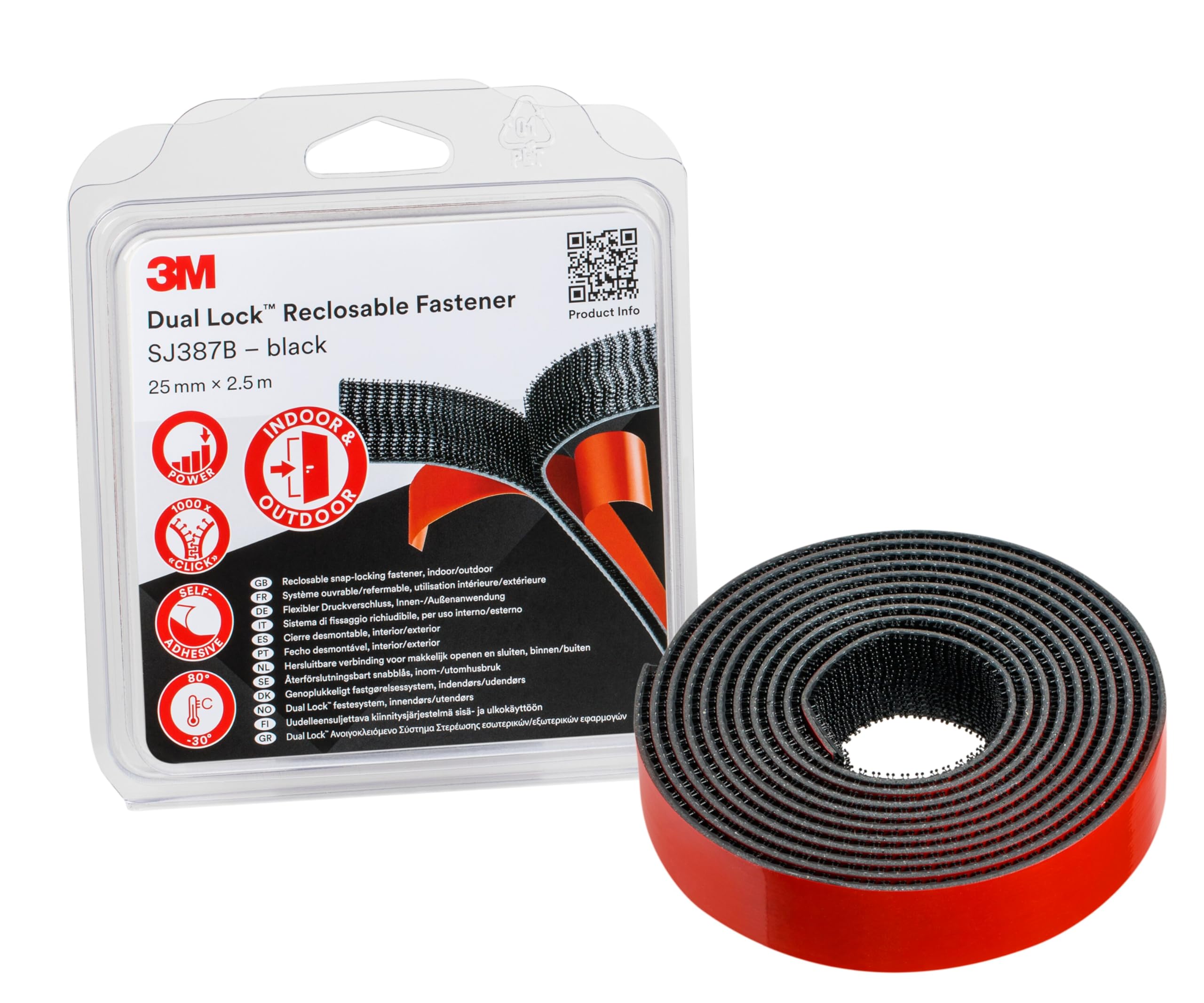 3M Dual Lock Reclosable Fastener SJ387B, Industrial Strength Adhesion to Powder Coated Paints, Metal, Glass, Sealed Wood, Acrylic, Polycarbonate, 25mm x 2.5m, 6.1mm, Black, Mushroom-Shaped, 1 Roll