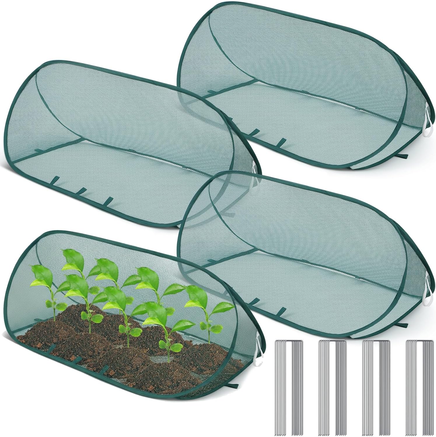 4 Sets 39" x 15" x 15" Pop up Garden Mesh Plant Cover Garden Rows Plants Cover with 24 Pcs Ground Nails Foldable Outdoor Protector Tent for Vegetables Fruits Seedlings Flowers from Animals