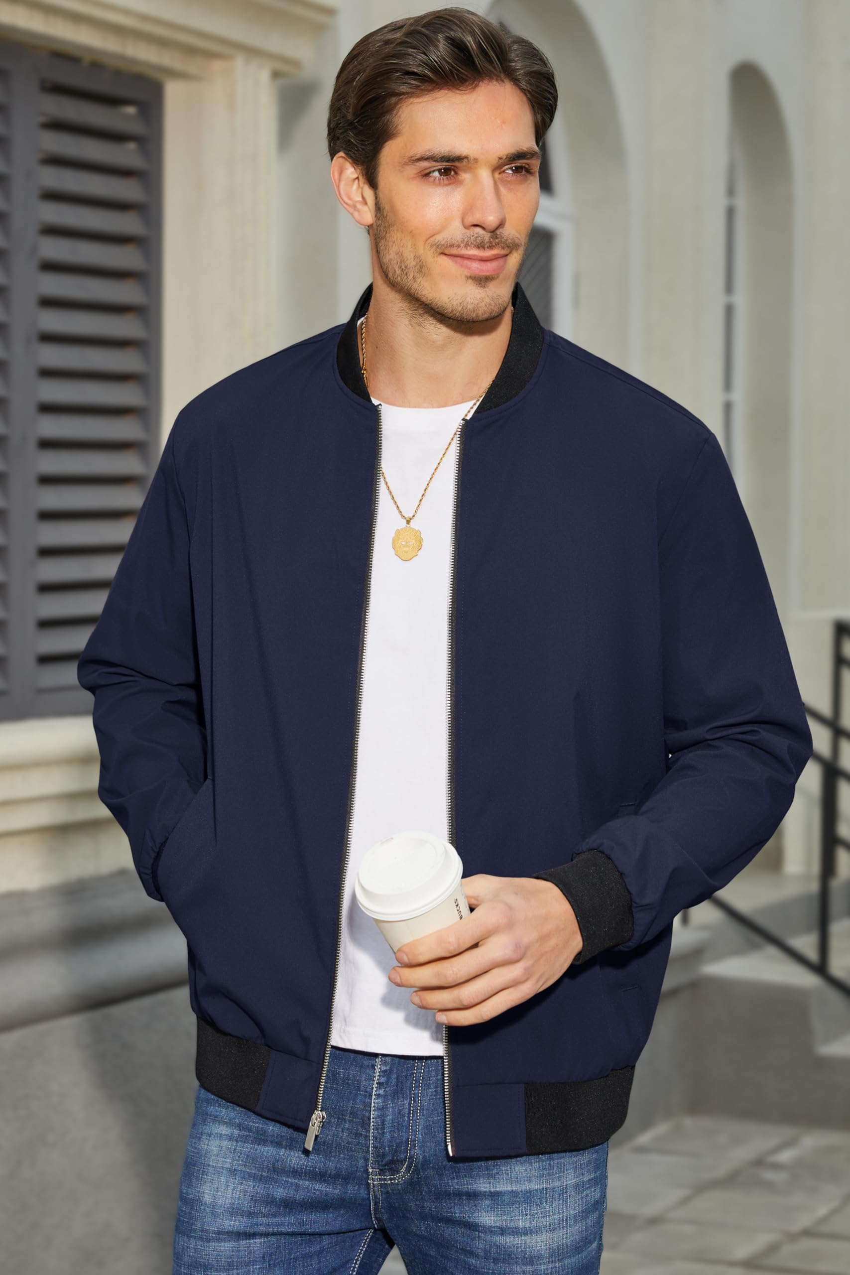 Magcomsen Giacca bomber da uomo, giacca a vento leggera con cerniera integrale, casual, elegante, da esterno, giacche da golf