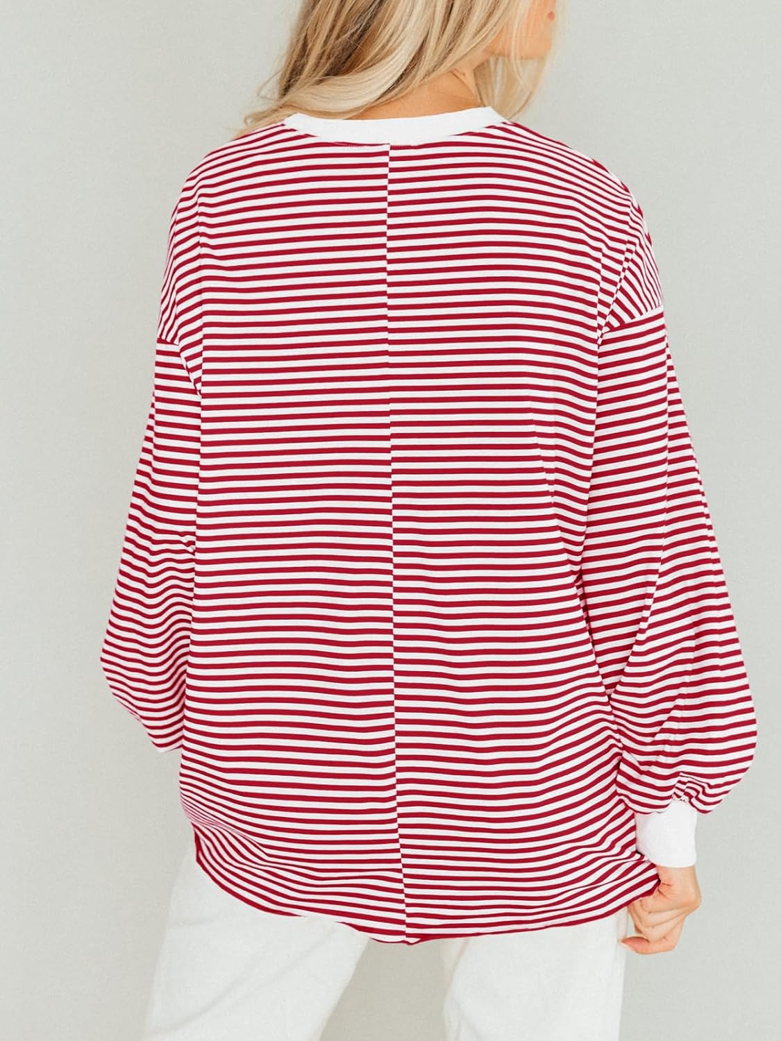 Tankaneo Womens Oversized Long Sleeve T Shirts Striped Color Block Cotton Tunic Tops Loose Fit Fall Crewneck Sweatshirt - Image 3