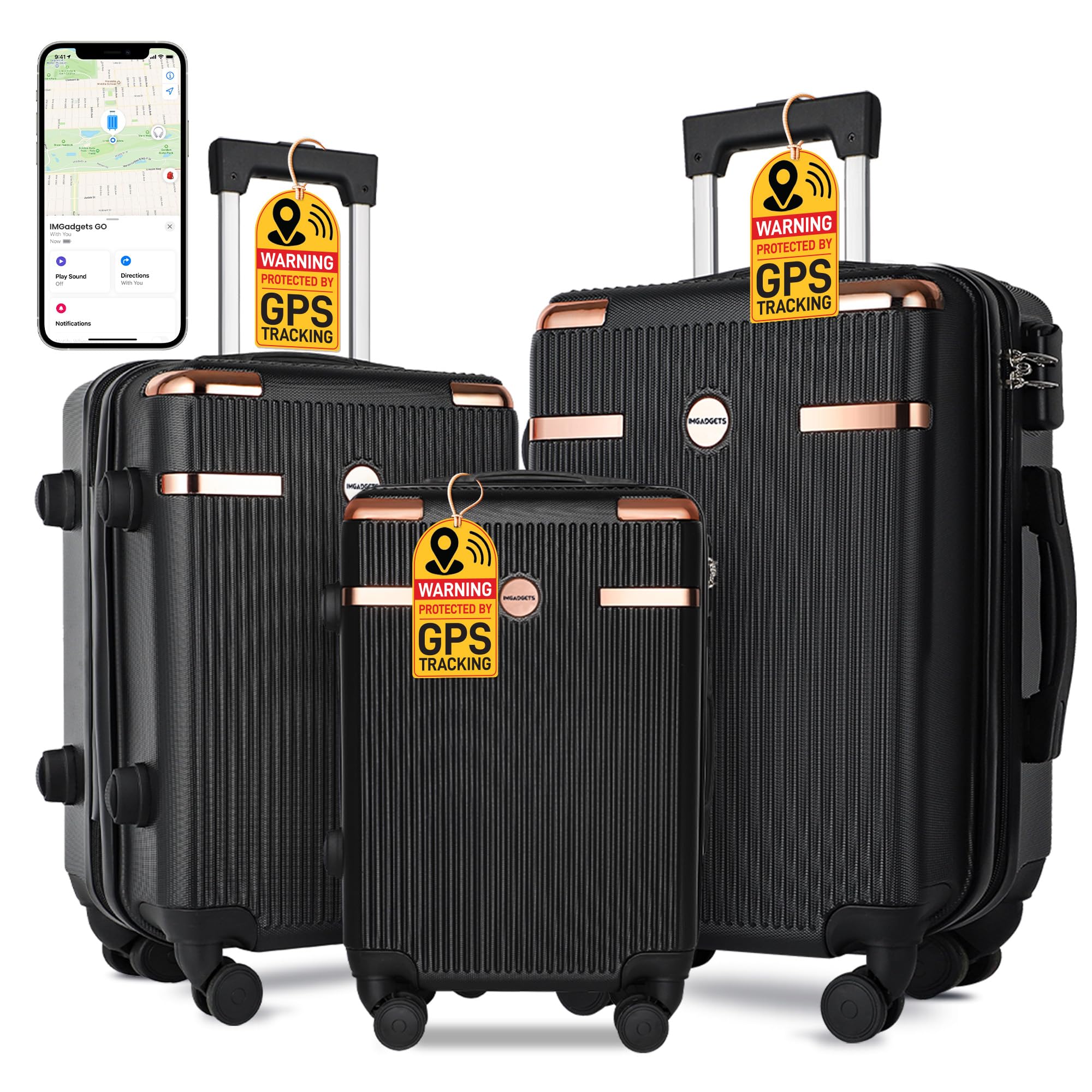 IMGadgets Luggage Set 3 Piece (20"/24"/28") with Air Tracker Tag | Polycarbonate Hard Shell Travel Suitcase Set | TSA Lock, 360° Spinner Wheels, Lightweight Durable Luggage for Airplane Travel