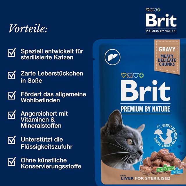 Foto 3 de 8 de Brit Bolsas de Comida húmeda para Gatos esterilizados, Sabor hígado en Salsa, sin azúcar añadido, 24 x 100 g