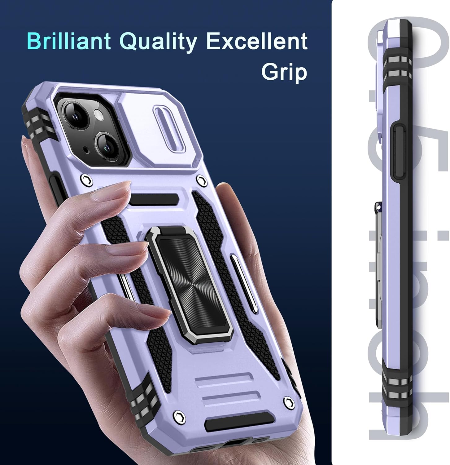DEERLAMN Case for iPhone 15 Plus with Slide Camera Cover+Screen Protector(1 Pack), Rotated Ring Kickstand Military Grade Shockproof Protective Cover 6.7 Inch-Light Purple - Image 8