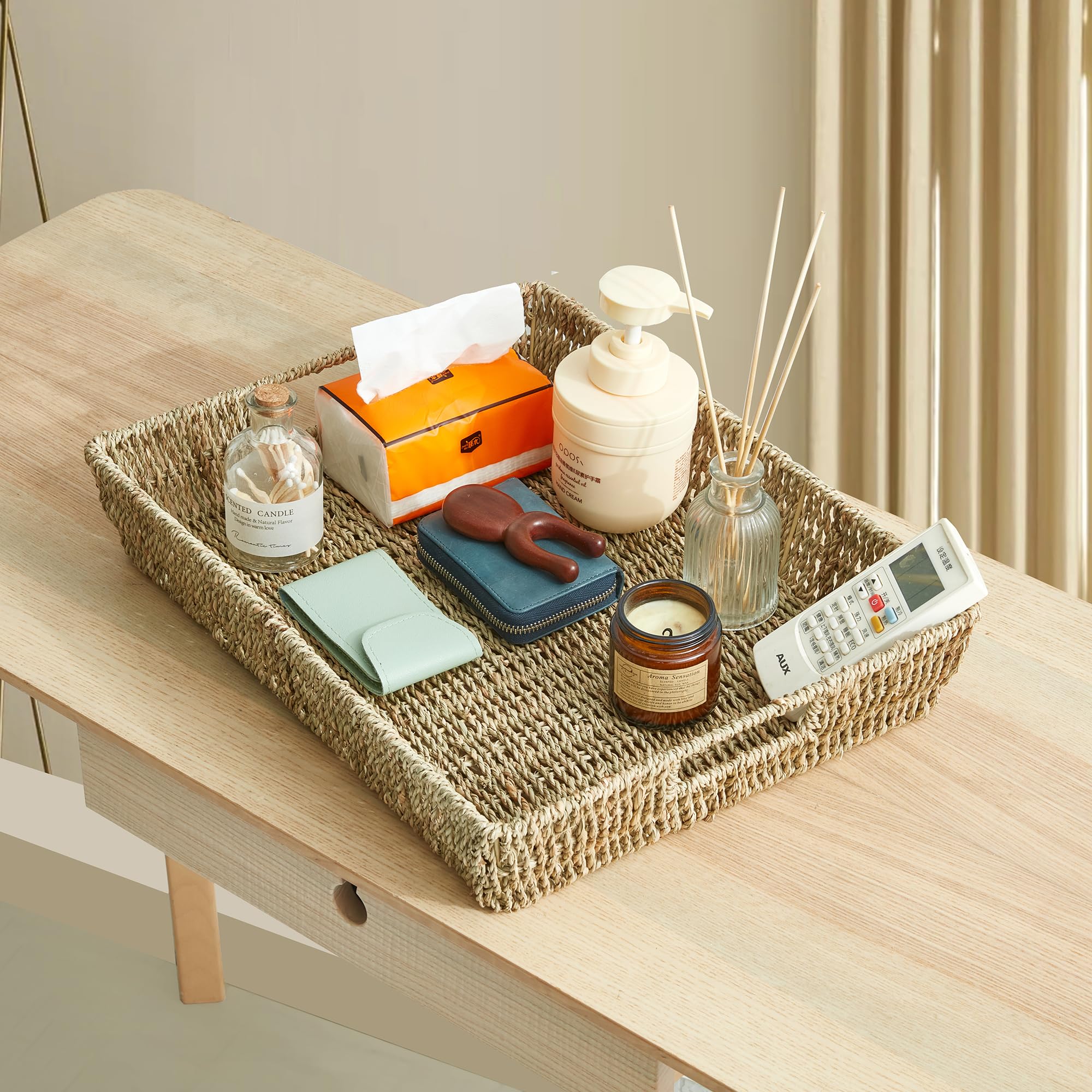 SUPTINWEAR Handwoven Seagrass Serving Tray with Handles, Large Decorative Ottoman Tray for Coffee Table, Kitchen Counter, Dining Table Centerpiece & Farmhouse Decor