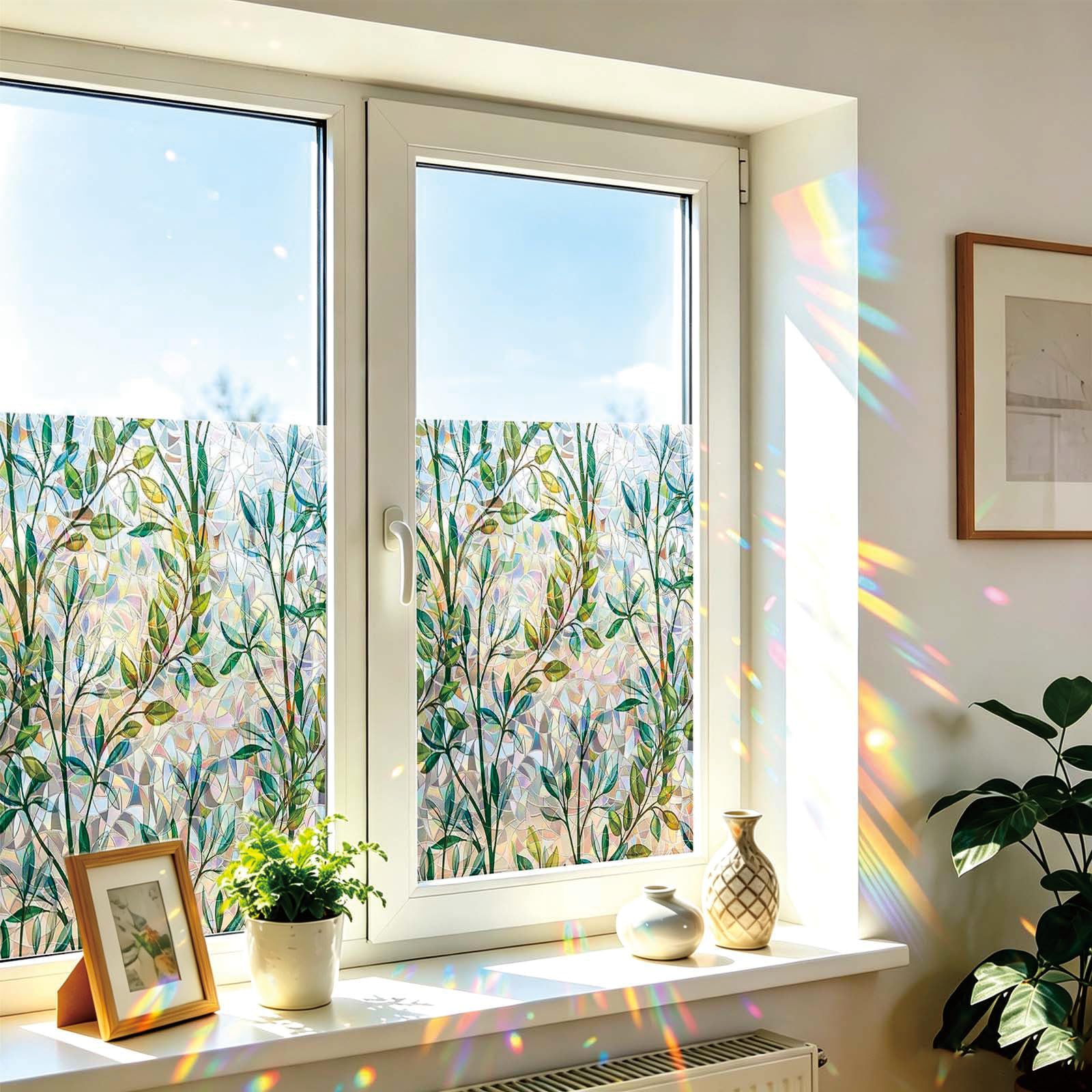 Colorful Opaque Privacy Film 65 x 260 cm Privacy Protection, Non-Adhesive Static Cling Removable Vinyl Heat Cotrol Anti Uv, Static Cling Decorative Glass Film for Kitchen, Leaves