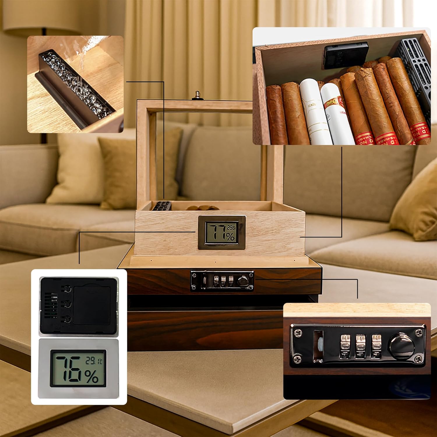 Wudytim Cigar Humidor, Handcrafted Top 270° Spanish Cedar Cigar Box with Easy Humidification System, Accurate Digital Hygrometer for 25 Cigars (25-60 Cigars) - Image 4