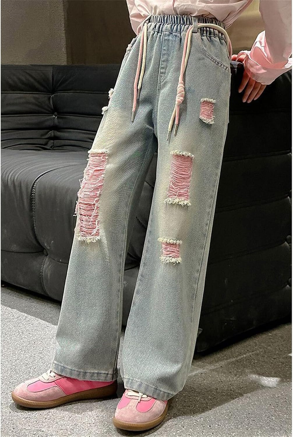 Big Girls Ripped Distressed Boyfriend Jeans Vintage Denim Pants Y2K Elastic Waist Baggy Jeans Casual Loose Fit Pants