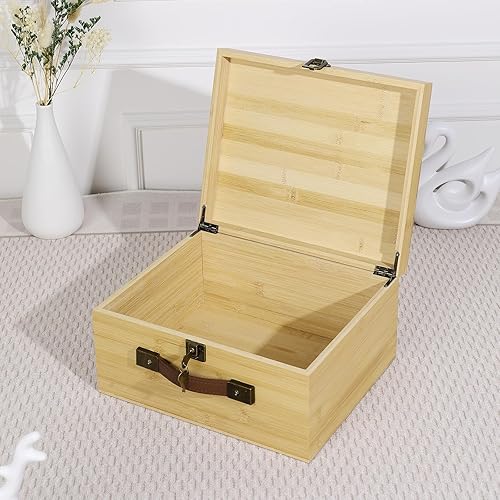 Miniatura 9 de ANMINY Caja de almacenamiento grande de madera de bambú con llaves de cerradura, tapa con bisagras, asas de piel sintética, cesta de almacenamiento