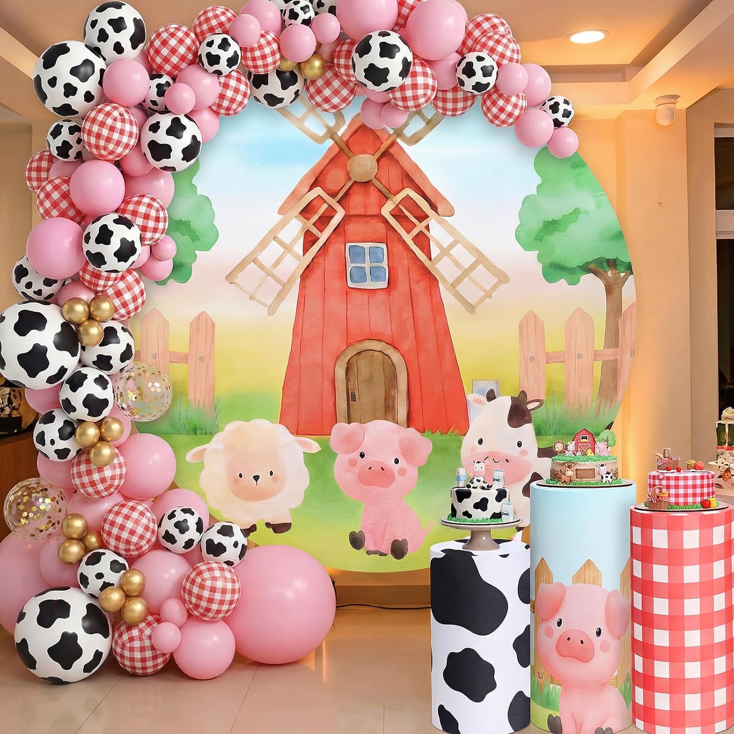 Set of 4 Farm Animal Spandex Cylinder Stand Covers for Party, Pink Cute Cylinder Pedestal Covers, 7.2ft Round Animal Backdrop Cover for Party Backdrop Decor Table Display(Pink Farm)