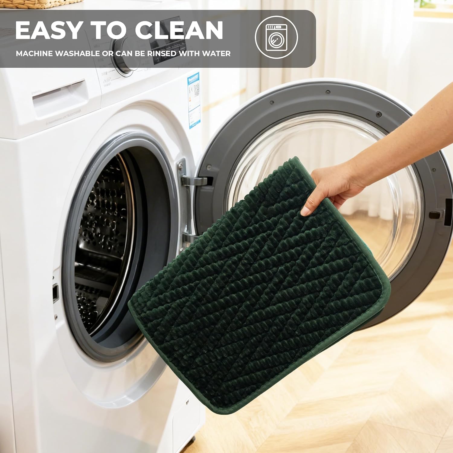 Chenille Bath Mat Non Slip Water Absorbent Soft Bathroom Rug Machine Washable, Green, 32"x20"