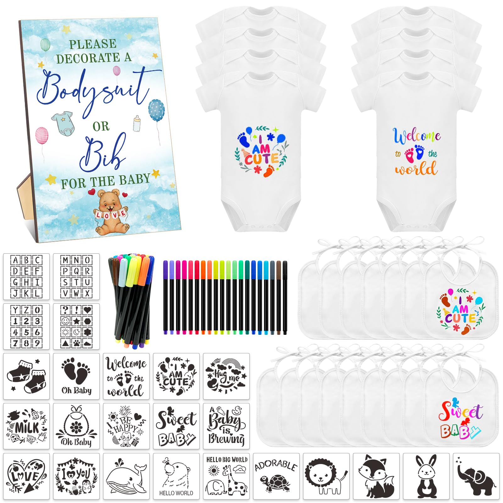 SytuHete 69 Pcs Baby Bib Bodysuit Baby Shower Set Baby Shower Game Sign Baby Feeder Bib Newborn Bodysuit Fabric Marker