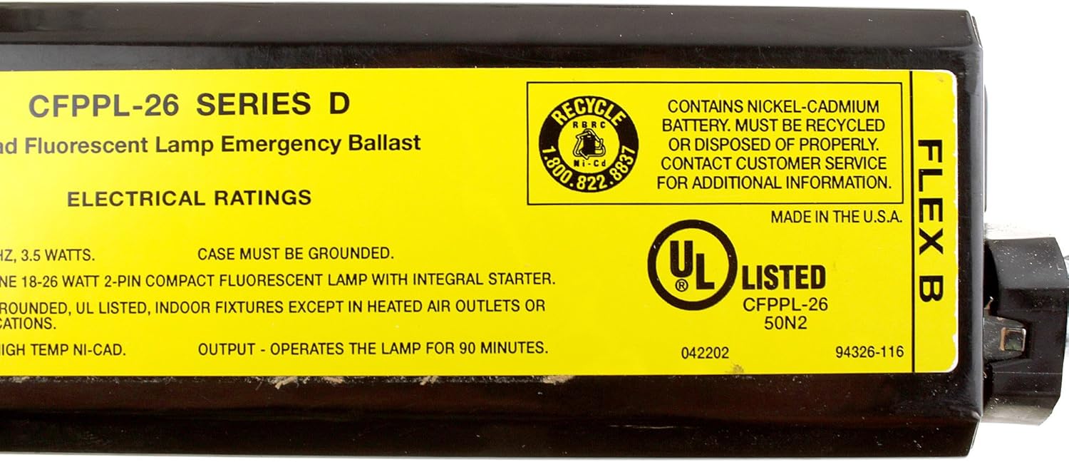 Lightolier FBPPL-26 Emergency Ballast label showing 'CFPPL-26 SERIES D' and 'FLEX B' markings, along with recycling information and UL Listed certification.