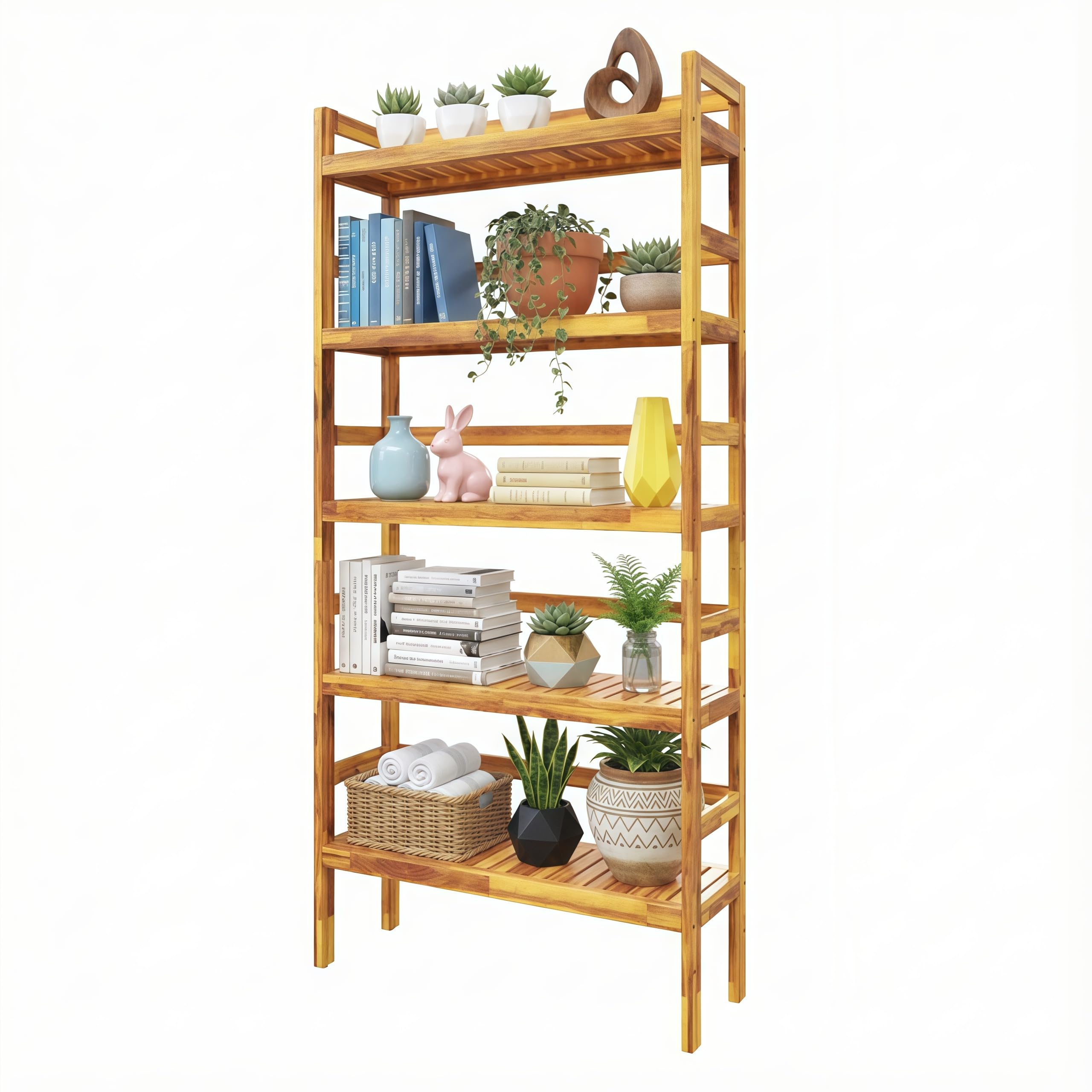 EmbroGlow 5-Tier Acacia Wood Shelf Unit, Large Storage Rack, Natural Wood Finish
