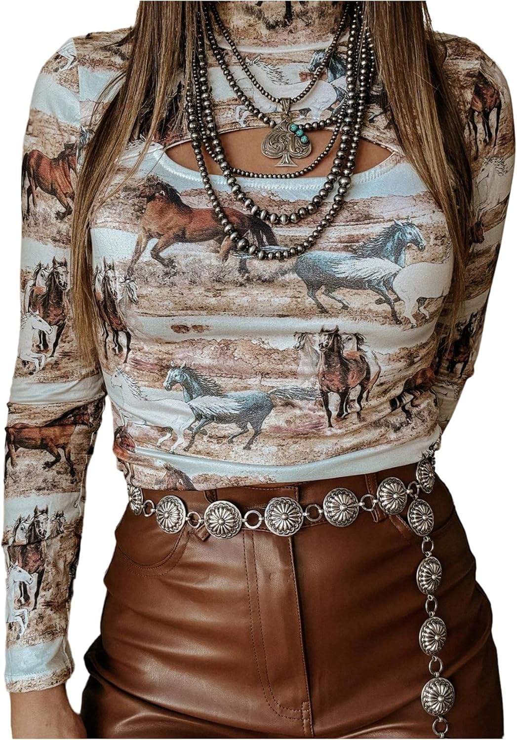 SOLY HUX Women's Graphic Tees Cut Out Mock Neck Long Sleeve T Shirt Vintage Going Out Tops - Image 2