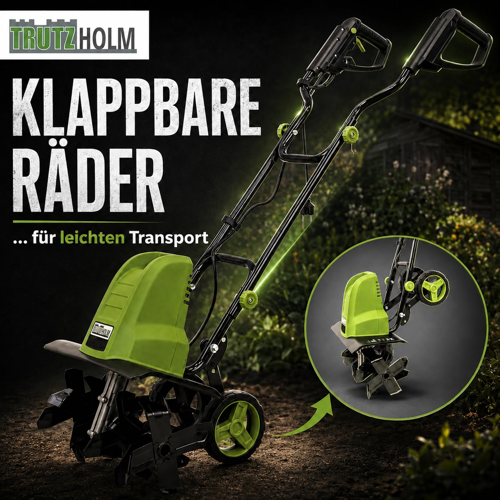 TRUTZHOLM Elektro-Bodenhacke 24 Stahlmesser 45cm breit 22 cm tief 1500W Netzbetrieb Transporträder klappbar Gartenfräse zur Bodenbearbeitung