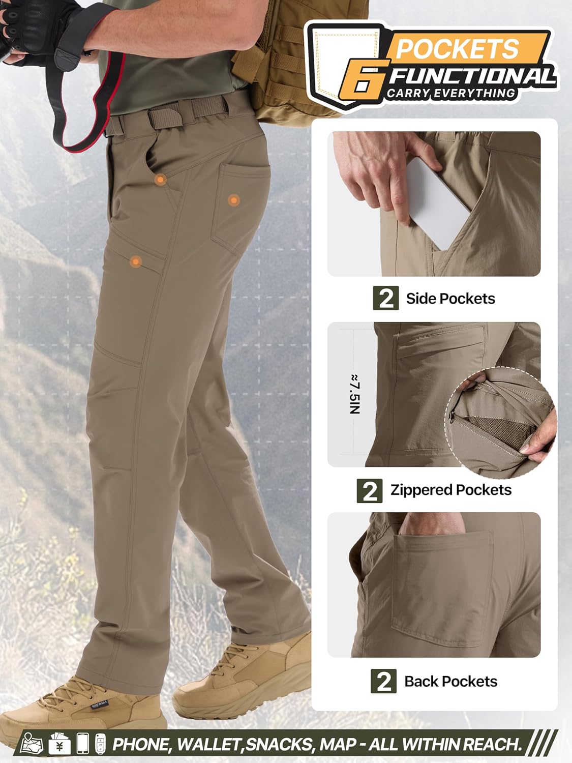 FREE SOLDIER Men's Outdoor Cargo Hiking Pants with Belt Lightweight Waterproof Quick Dry Tactical Pants Nylon Spandex