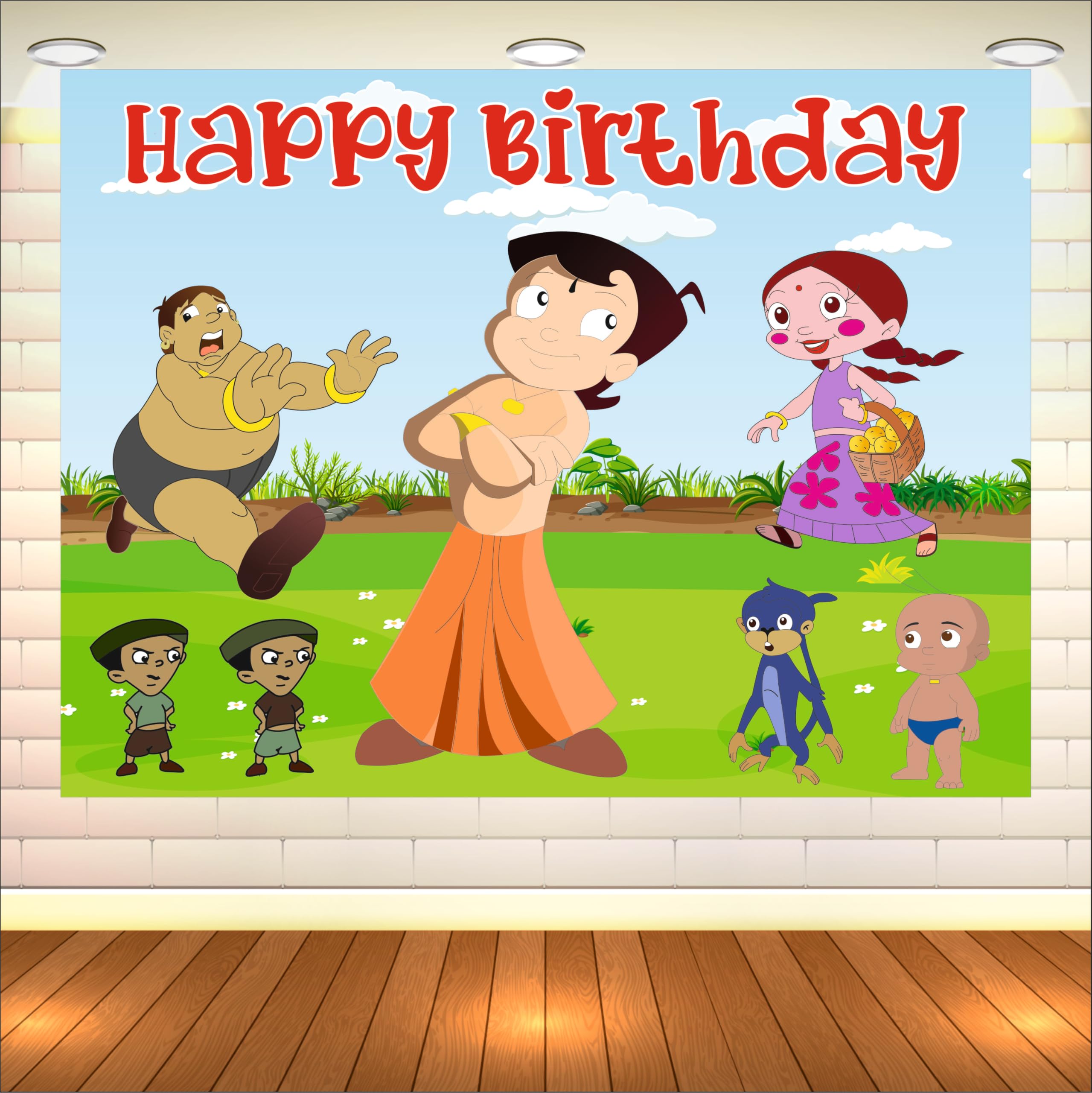Party Baazaar Chhota Bheem Theme Backdrop | Backdrop for Birthday Decoration | Happy Birthday Banner for Kids (Pack of 1, Multicolor, Size: 5x4 Feet)