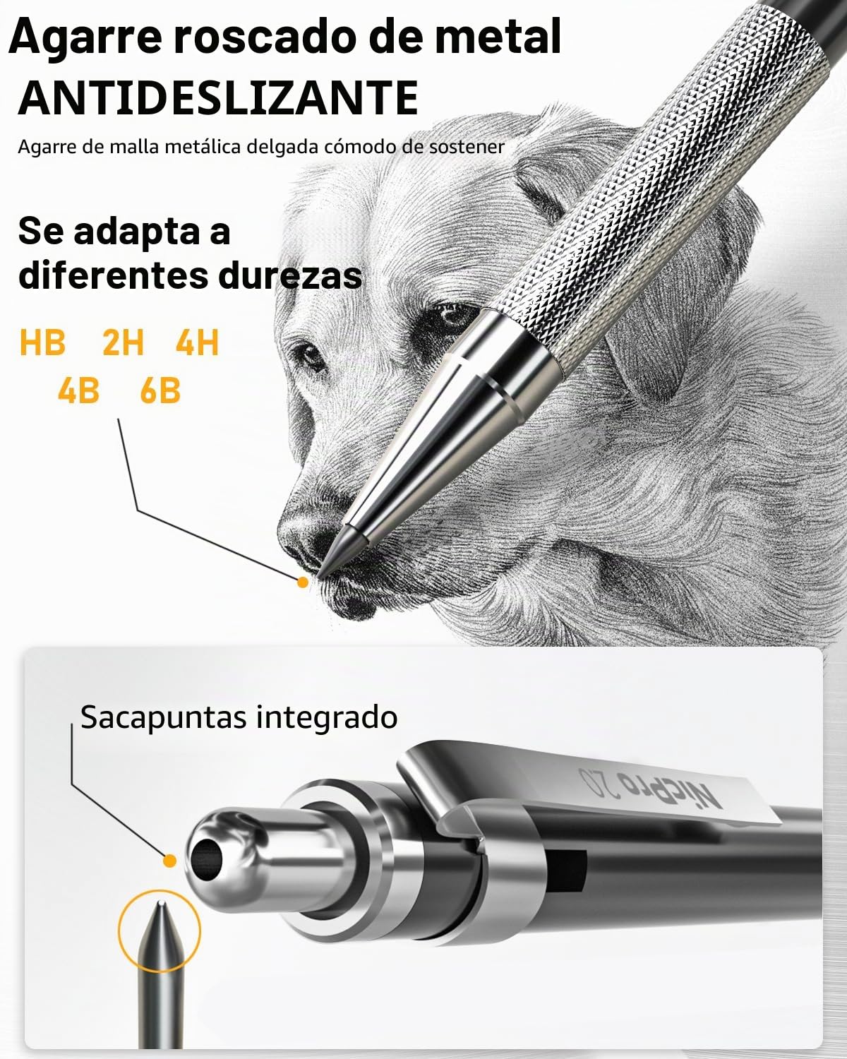 Nicpro 34 portaminas de arte negros, lápiz de dibujo de metal de 0,3, 0,5, 0,7, 0,9 mm y 2 portaminas de 2 mm (6B, 4B, 2B, HB, 2H, 4H) para dibujar bocetos, 19 tubos de repuesto para minas
