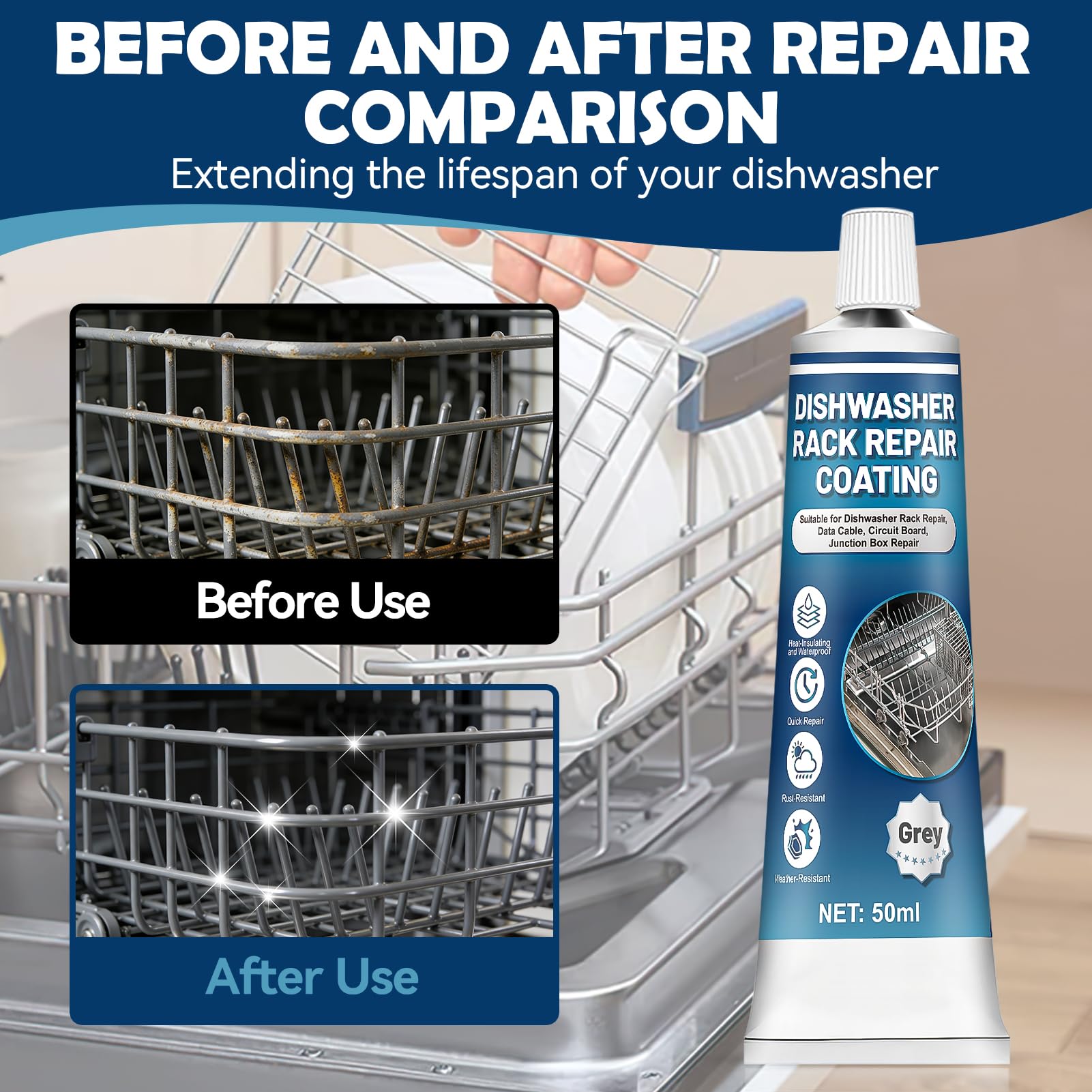 NoxGule Reparador Cesta Lavavajillas, Pintura para Cestas Lavavajillas, Rerack lavavajillas Gris, Fuerte Adherencia, Resistente al Agua, para Reparar Gomas Desprendidas en Cestas, 50ml — view 4