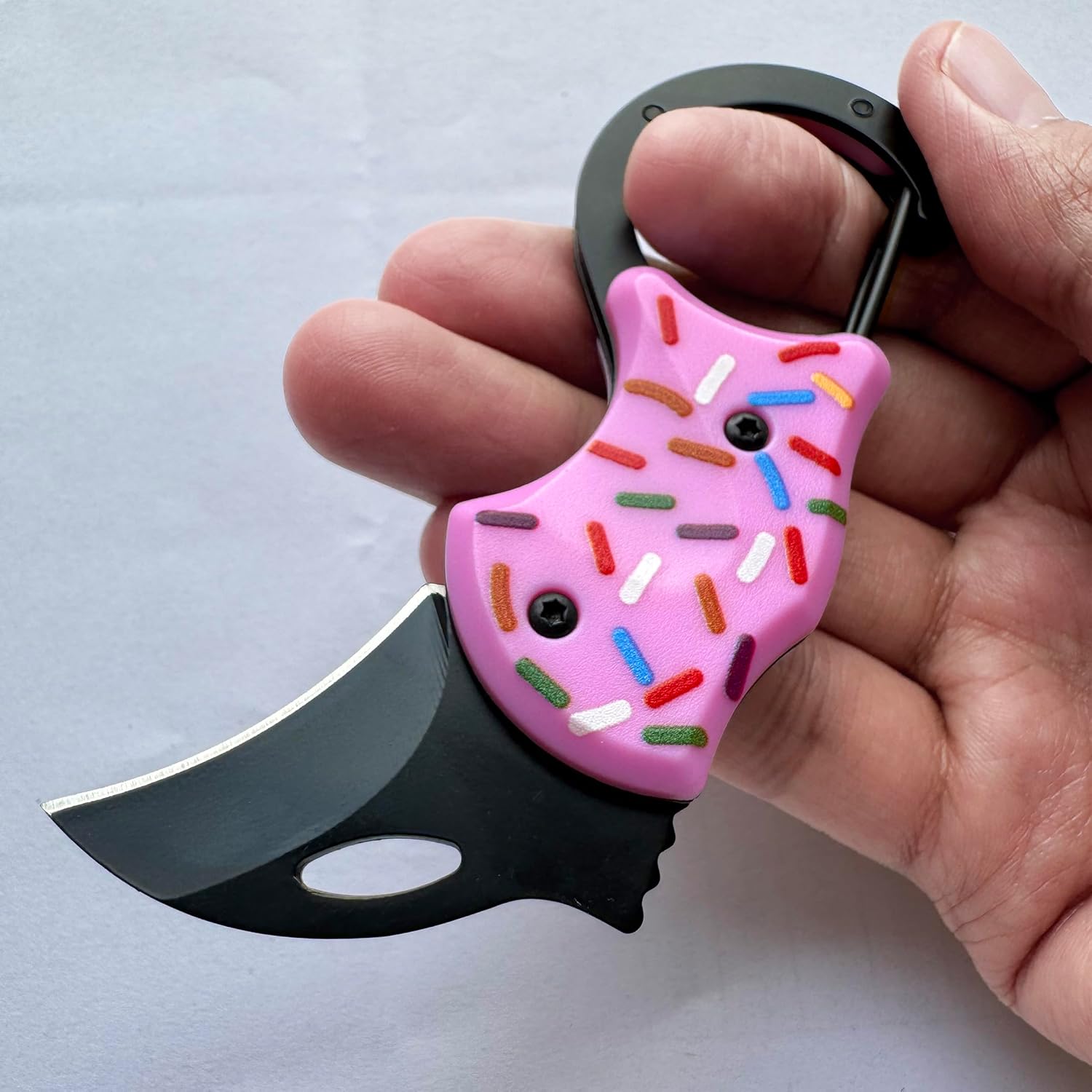 Small Pocket Folding Knife with carabiner, Cool Box Cutter with 1.34inch Blade, mini Edc Knives for Everyday Carry Outdoor Survival Camping, Great Gift For Men and women (donut)