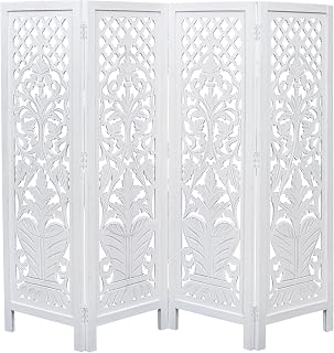 Room Divider Wood Screen Panel – White, 4-Panel Folding 64"x54", Hand-Carved, Reversible Privacy Partition, Decorative & Functional Portable Room Divider for Home or Office