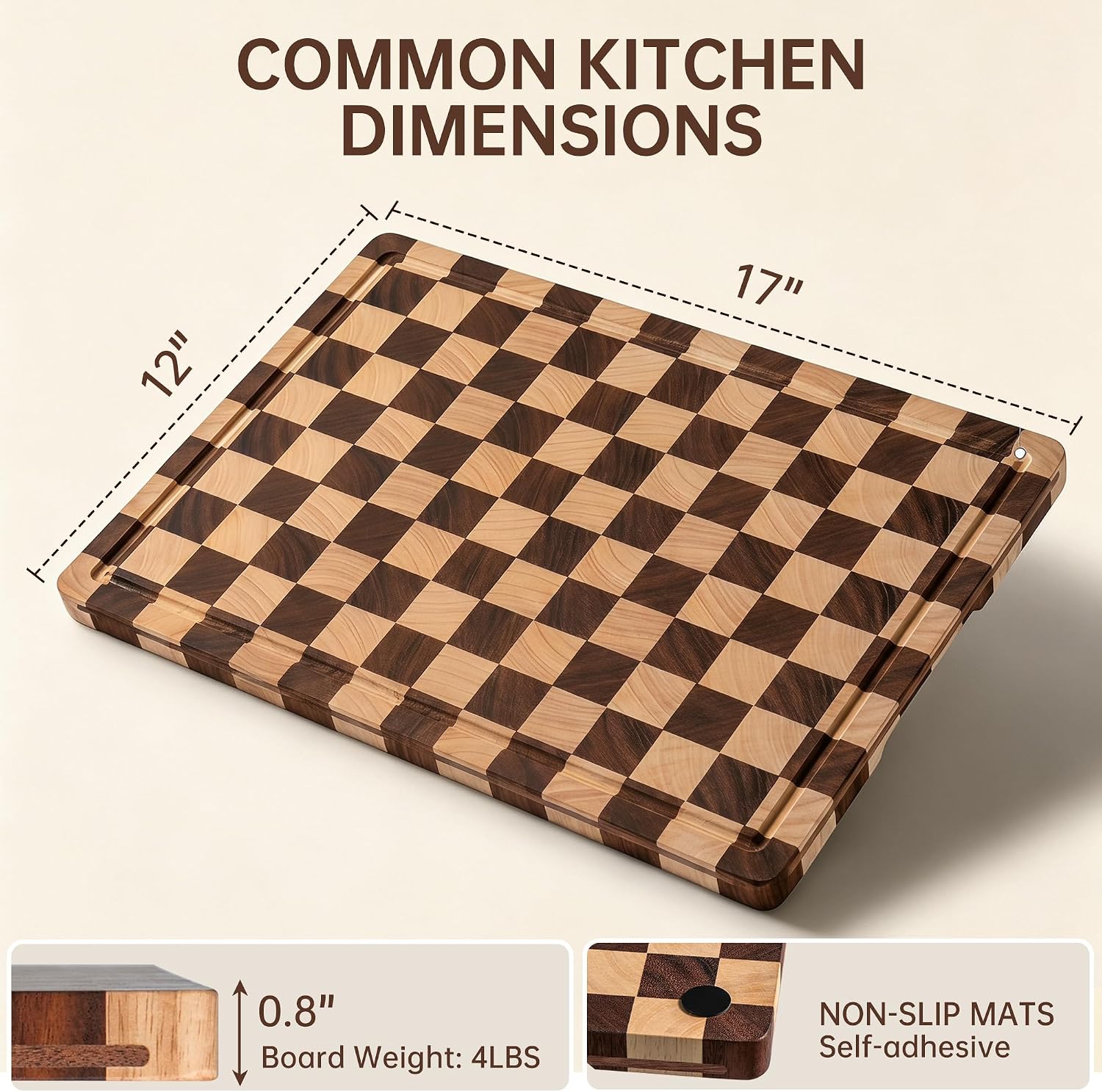 THETCHRY Cutting Boards for Kitchen, Checkered Wooden Chopping Board Structural Upgraded, Walnut Cutting Board with Juice Grooves & Handles, Butcher Block Serving Tray with Gift Box, 17"X 12"X 0.8"