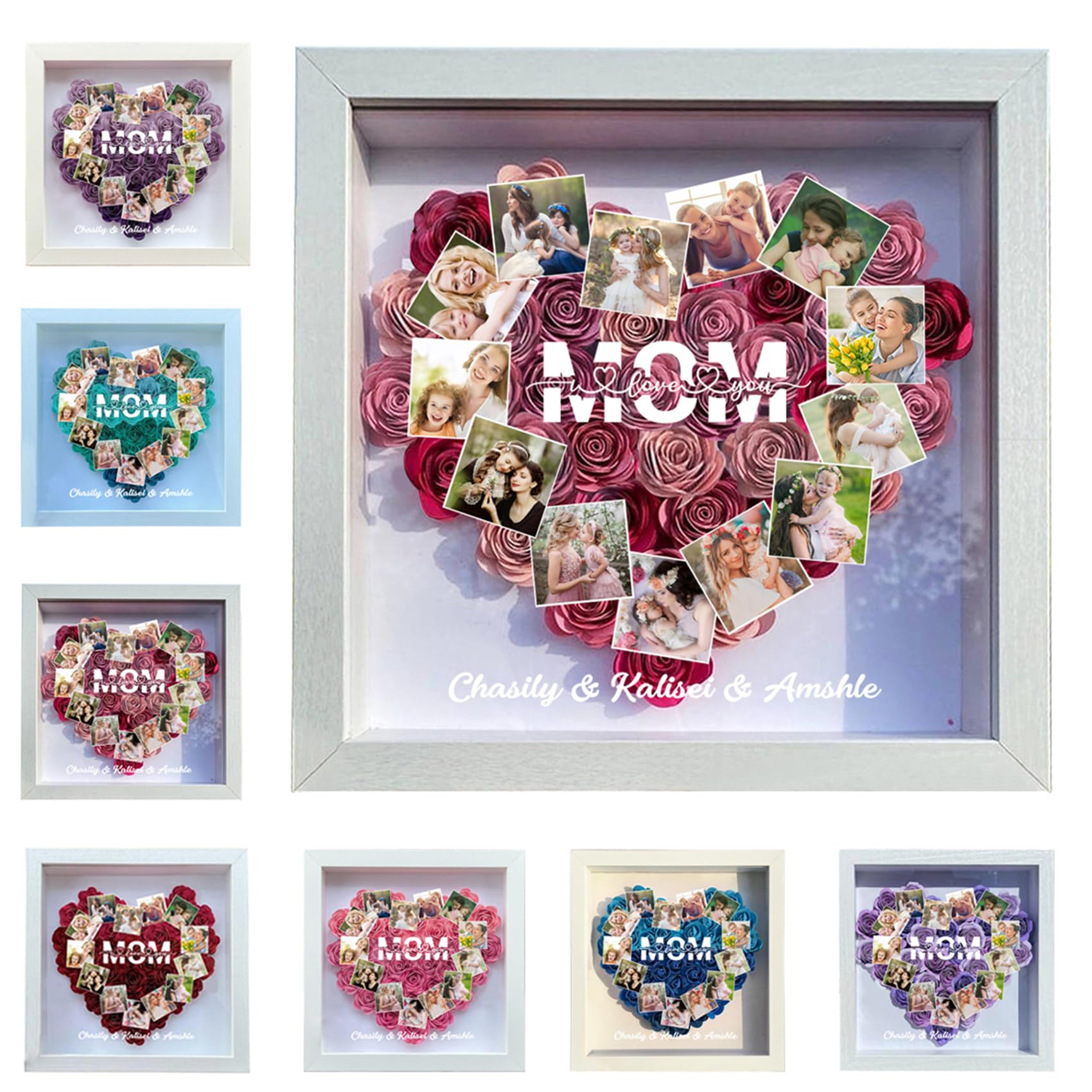 Wasetell Personalized Mom Flower Shadow Box with Kids Name Custom Photo Heart Dried Flower Frame, 8x8 inches, Style 4, Mother's Day, Birthday Gifts