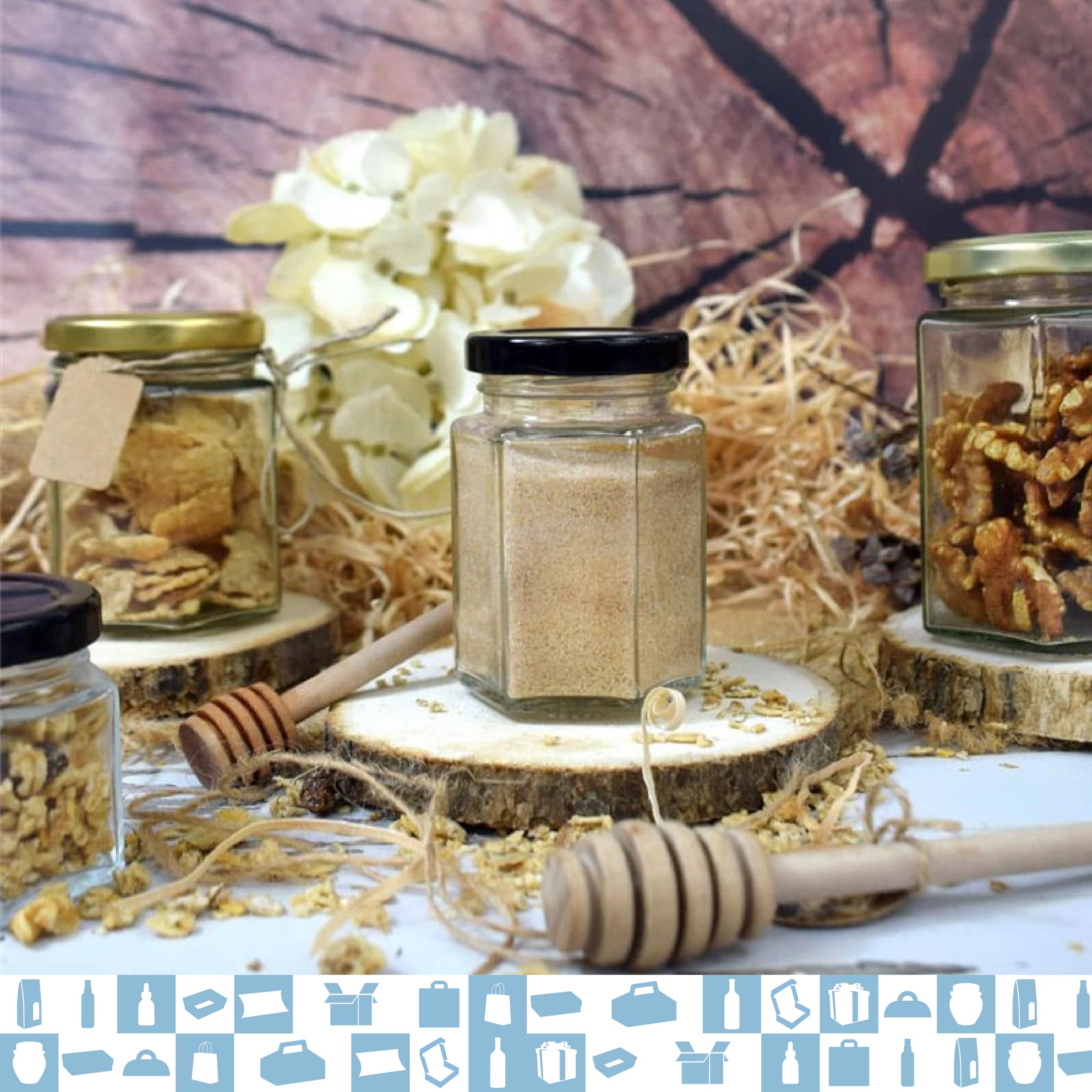 100 tarros de miel hexagonal pequeños con tapa de 100 ml, ideal para la conservación de miel, mermelada, especias, yogur, regalo de invitados, bodas, favores de boda y baby shower
