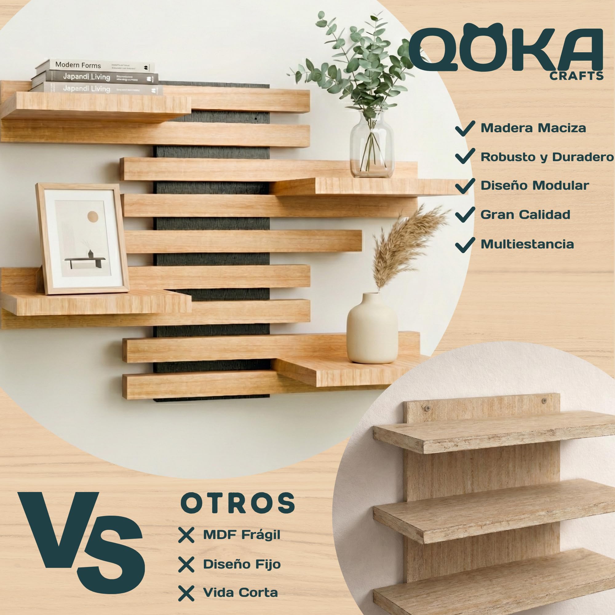 Estantería Flotante Pared Modular de Madera Maciza (Negro) | Estante colgante, repisas y baldas para recibidor, entrada, salón, baño o dormitorio. Mueble organizador de libros y plantas