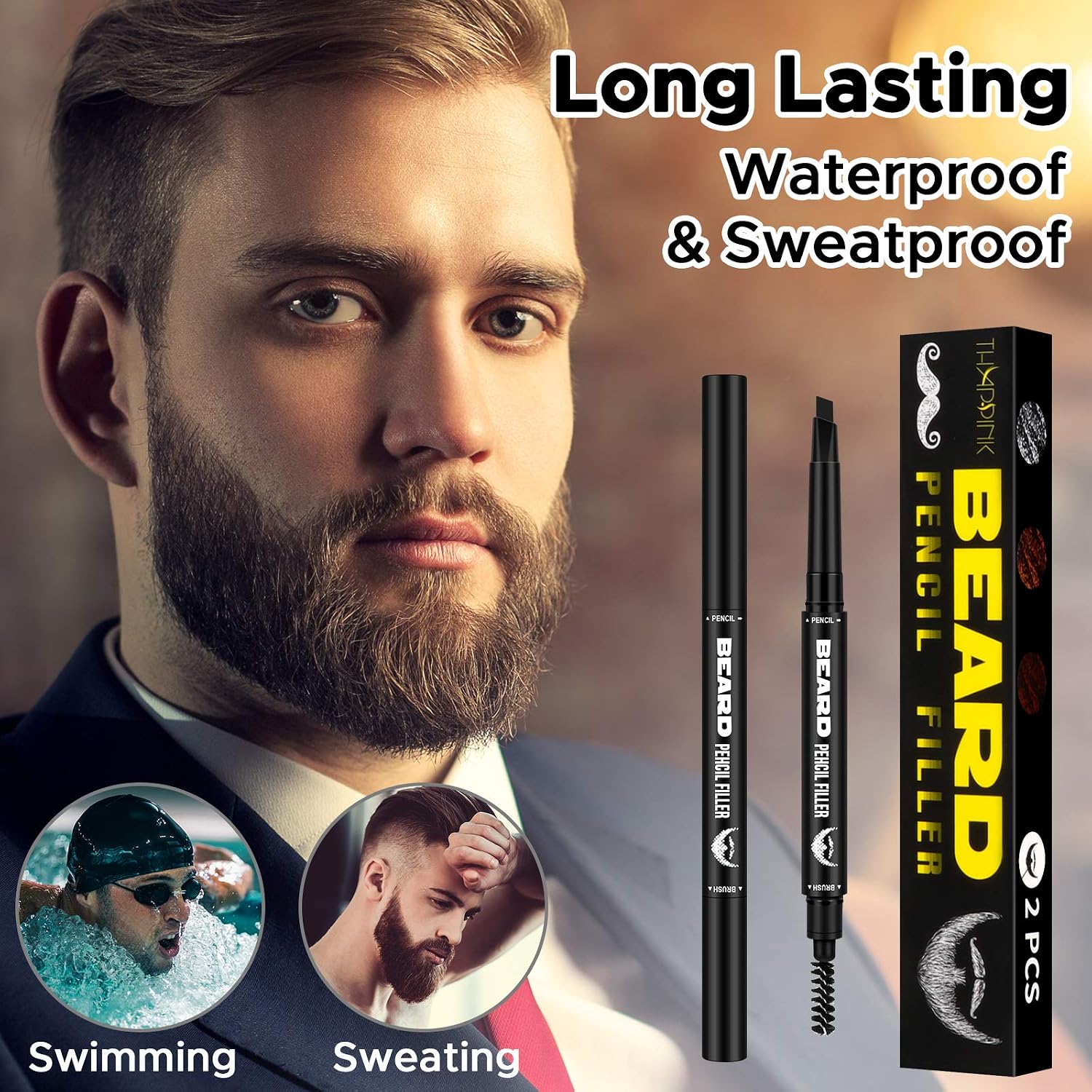 Beard Pencil Filler for Men Beard Patchy, 2 Pack Waterproof Beard Filler Pencil for Beard Patchy Mustache (Black)