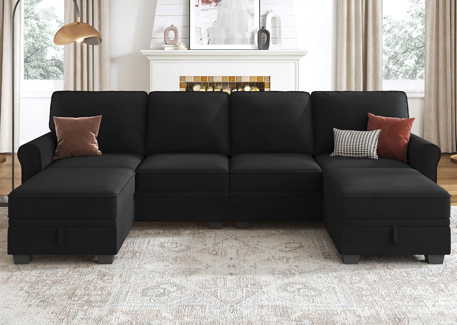 HONBAY Velvet U-Shaped Sectional Sofa with Storage Seats, Reversible Chaise & Modular Ottomans - Black Living Room Couch