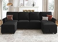 HONBAY Velvet U-Shaped Sectional Sofa with Storage Seats, Reversible Chaise & Modular Ottomans - Black Living Room Couch