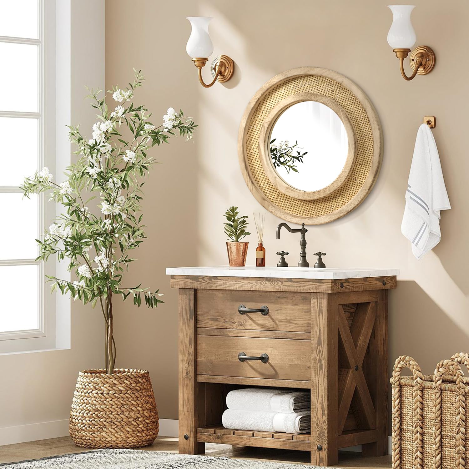 JJUUYOU Marco de Madera, Espejo de Madera, Espejo Redondo para Paredes, Espejo Colgante Circular de 50 cm, Ideal para Salas de Estar, baños, mesas de tocador, entradas y pasillos, marrón