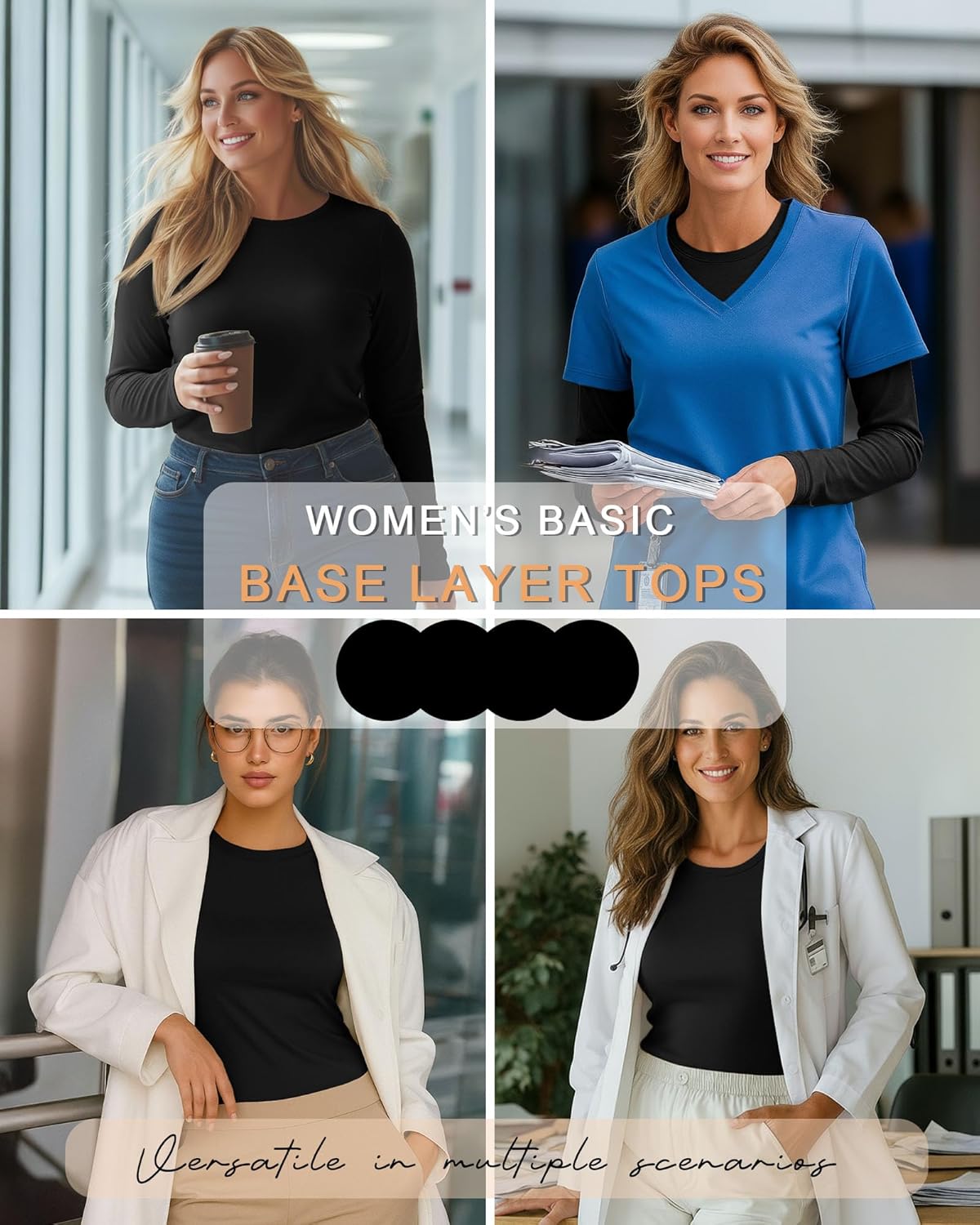 4 Pack Women's Plus Size Underscrub Shirts Long Sleeve Crew Neck Tops Fitted Basic Layering Tee for Nurse Undershirt - Image 3