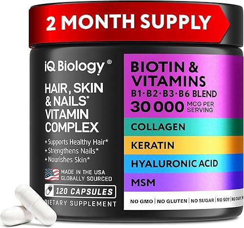 Suplemento de Biotina, Colágeno y Neem con Queratina - Vitaminas para el Crecimiento del Cabello para Mujeres y Hombres - 10000 mcg de Biotina con