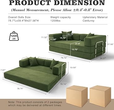 Vipbear 3 Seater Boneless Sofa Bed,Modular Convertible Couch,Pull Out,Green