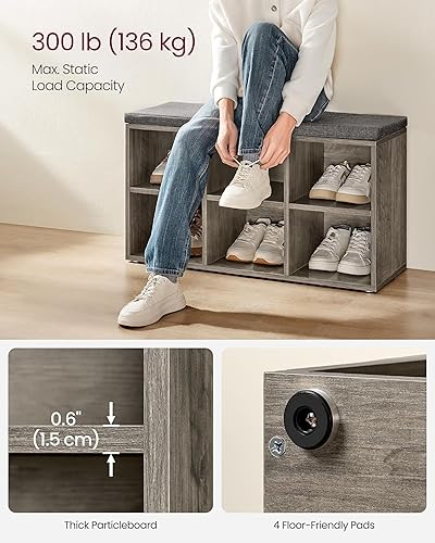 Miniatura 4 de VASAGLE Cojín de entrada, banco de entrada con almacenamiento de zapatos, 6 compartimentos, estantes ajustables, para dormitorio, 11.8 x 34.2 x 18.9