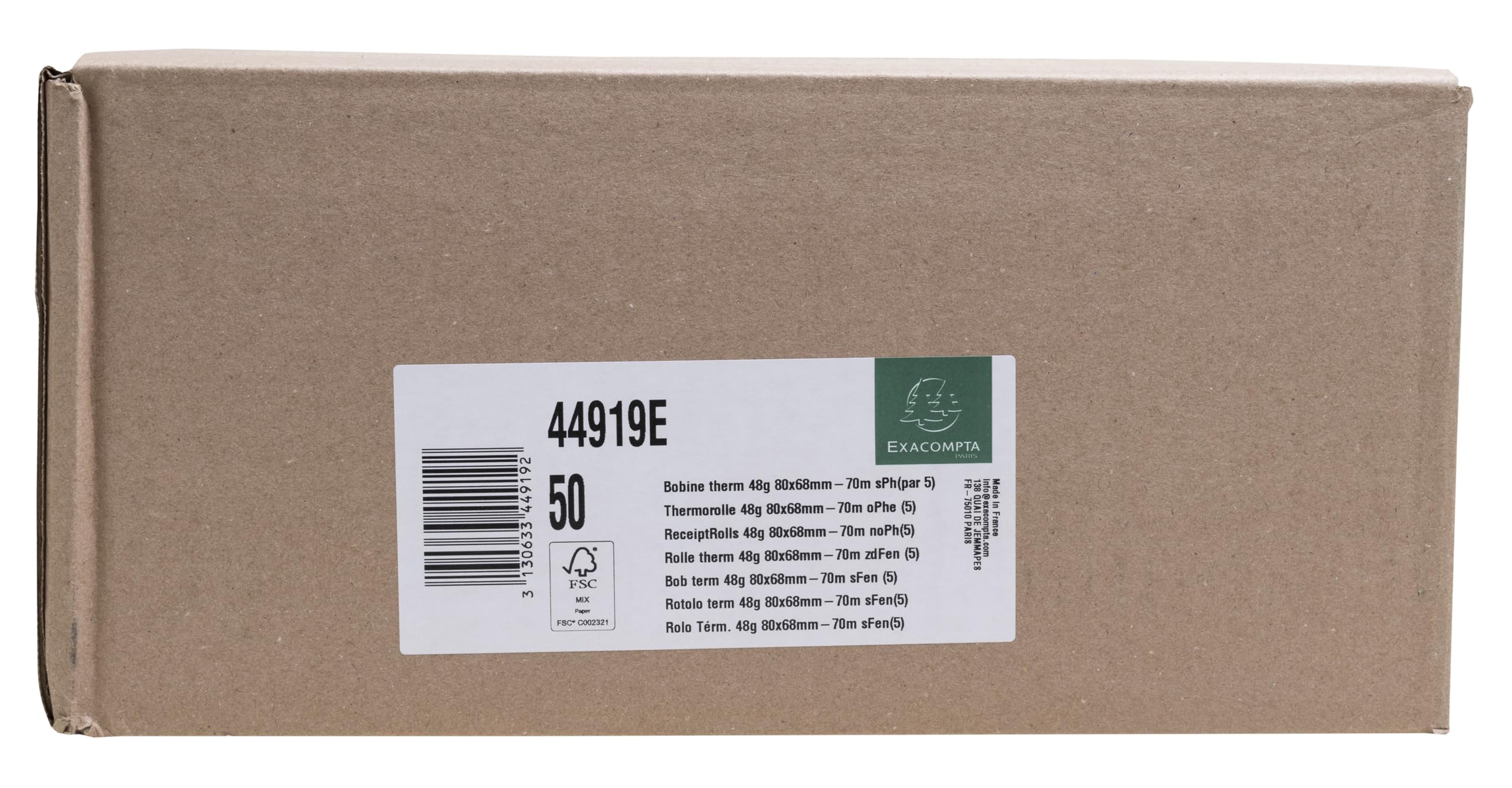 Exacompta - Réf. 44919E - Carton de 50 bobines pour tickets de caisse 80x68mm - 70m - 1 pli thermique 48g/m2 sans Phenol - Blanc