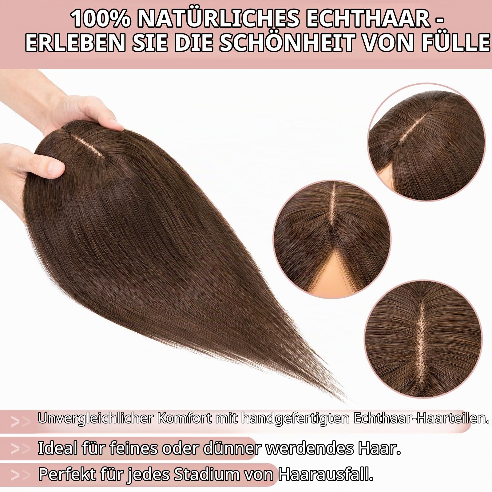 Silk-co Hair Topper Echthaar 30g, 8x10cm handgebunden Basis Toupet Damen, Clip in Haarteile mit Spitzen-Seidenbasis, kein Pony, 30cm #2R Helles Dunkelbraun