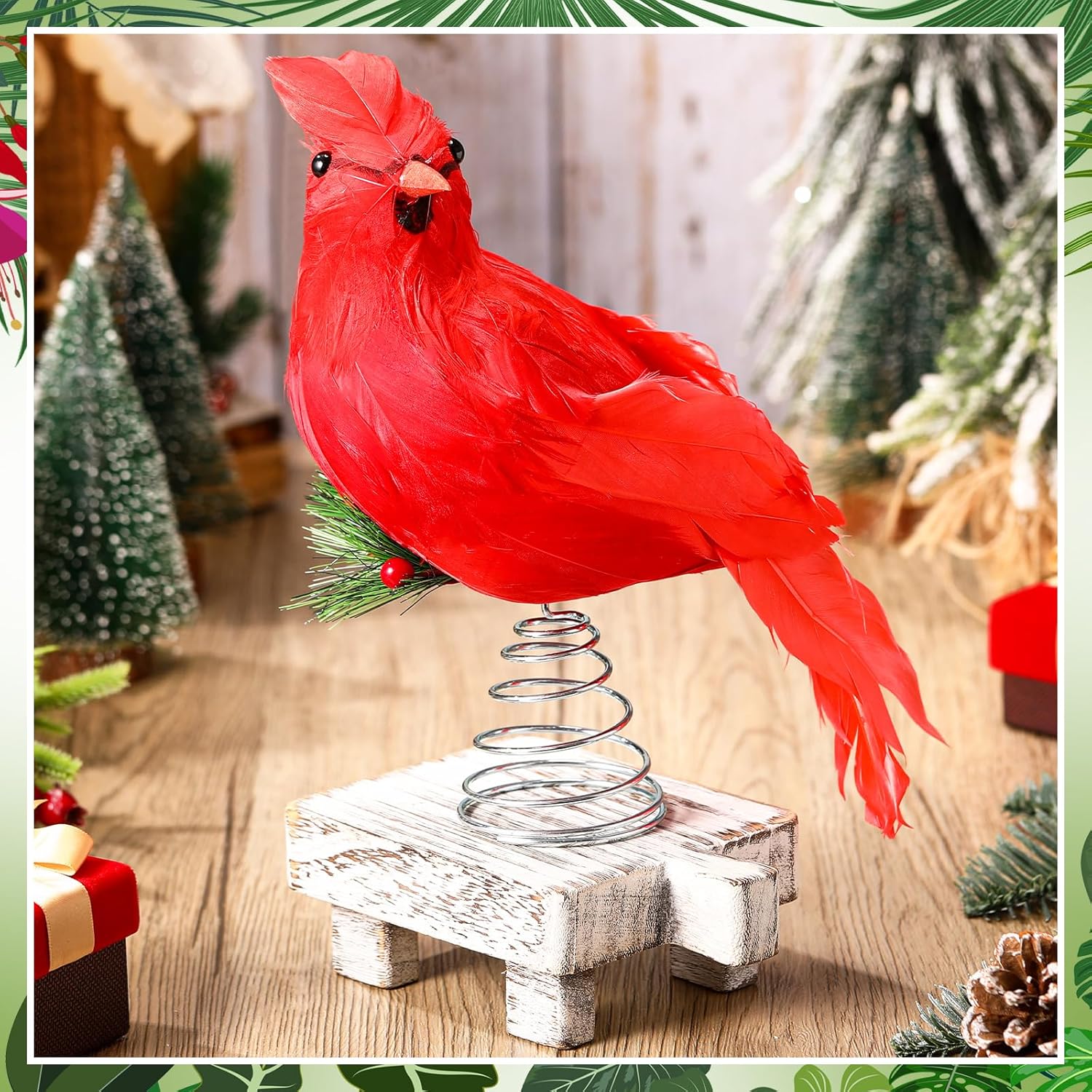 Shappy 7.1'' Cardinal Christmas Tree Topper Red Cardinal Tree Decoration Red Bird Feathered Treetop Xmas Ornaments for Holiday Party Decorations