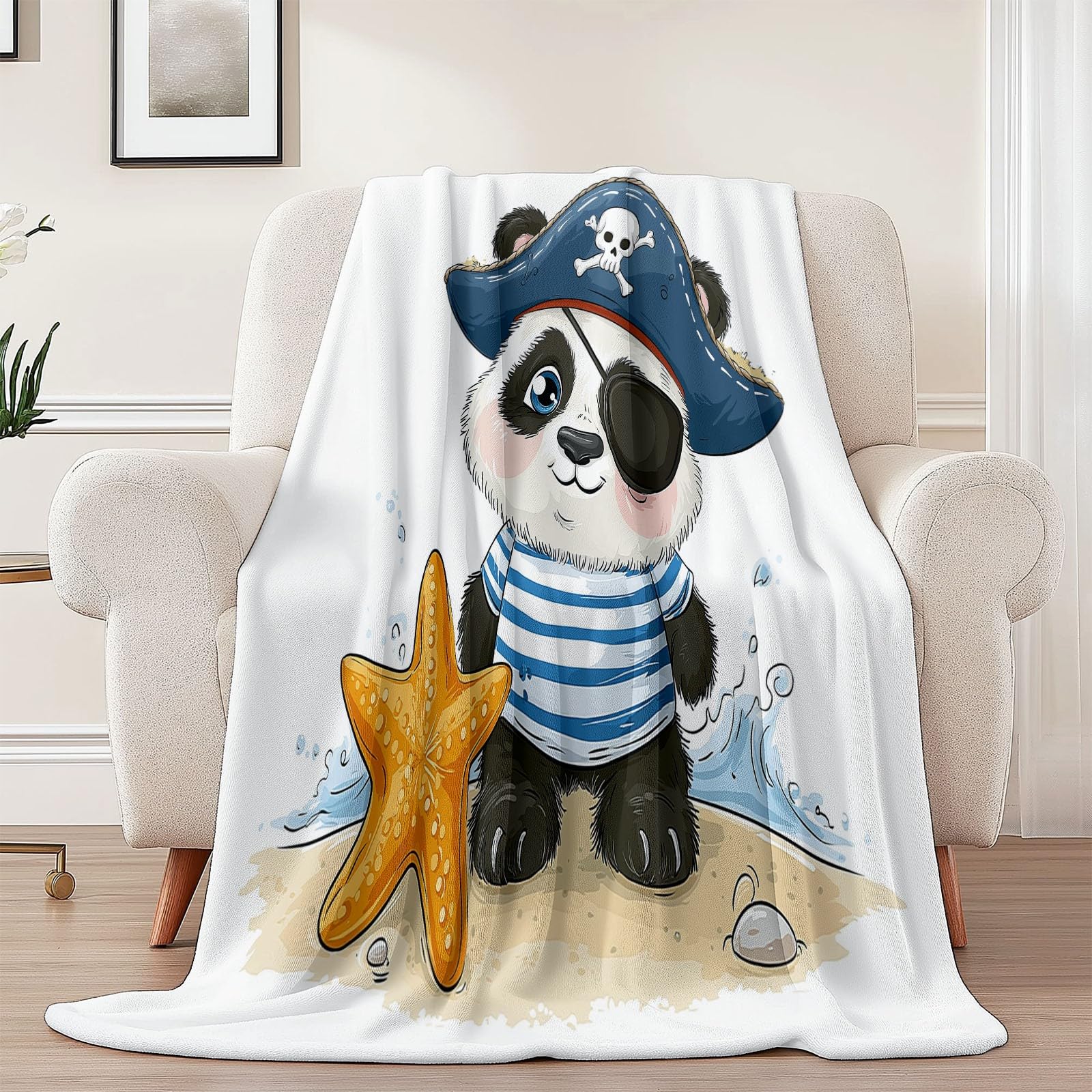 Couverture Plaid Flanelle 150 x 200 cm - Dessin Animé Panda Géant Pirate Thème Léger Doux Couvertures pour Salon canapé Voyage, Blanc imprimé Lavable Décorative