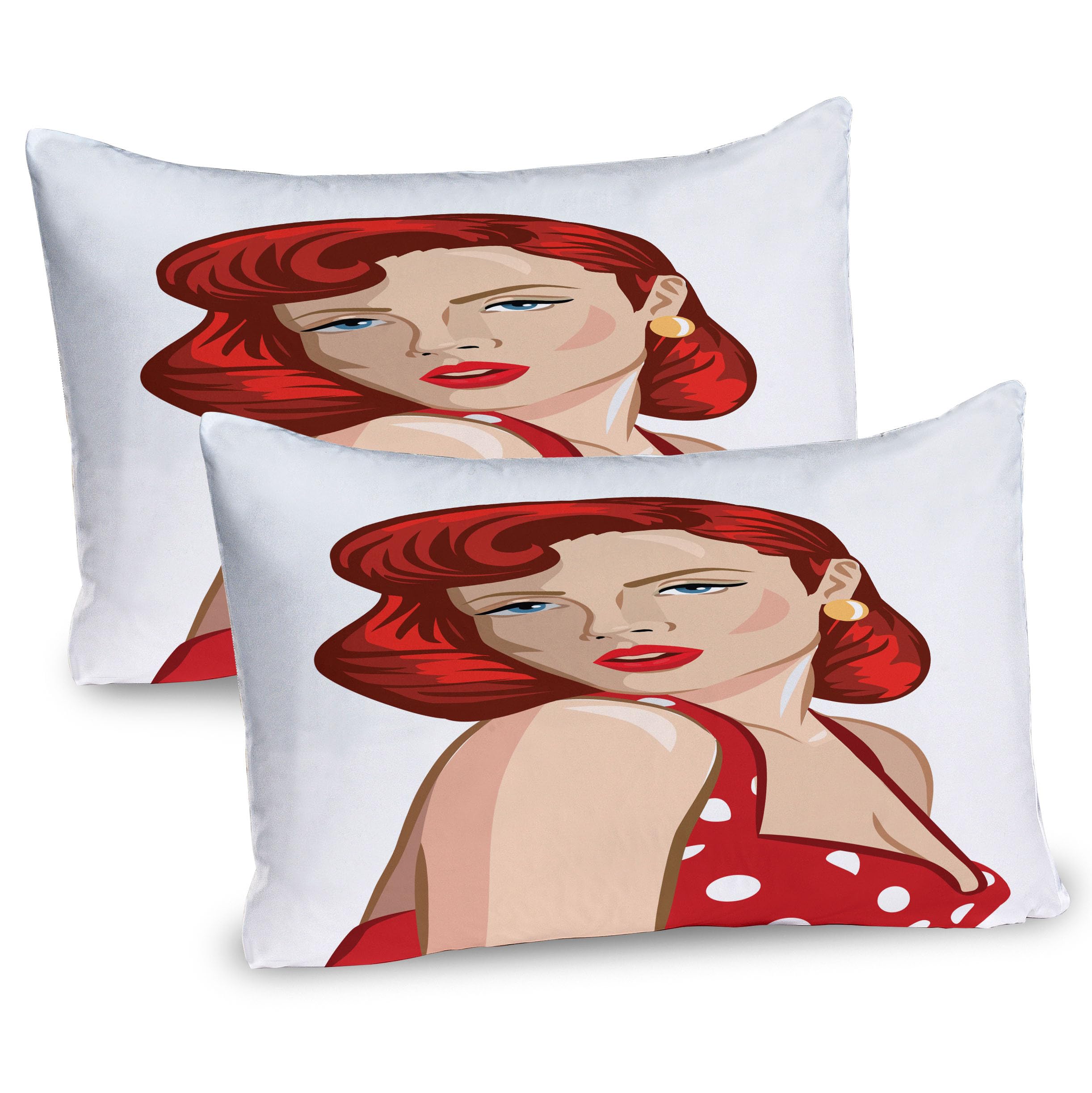 Ambesonne Pin up Girl Pillow Sham Set of 2, Vintage Portrait of a Ginger Lady with Retro Style Rolled Hair, Quality Microfiber Bedding Item for All Seasons, 26
