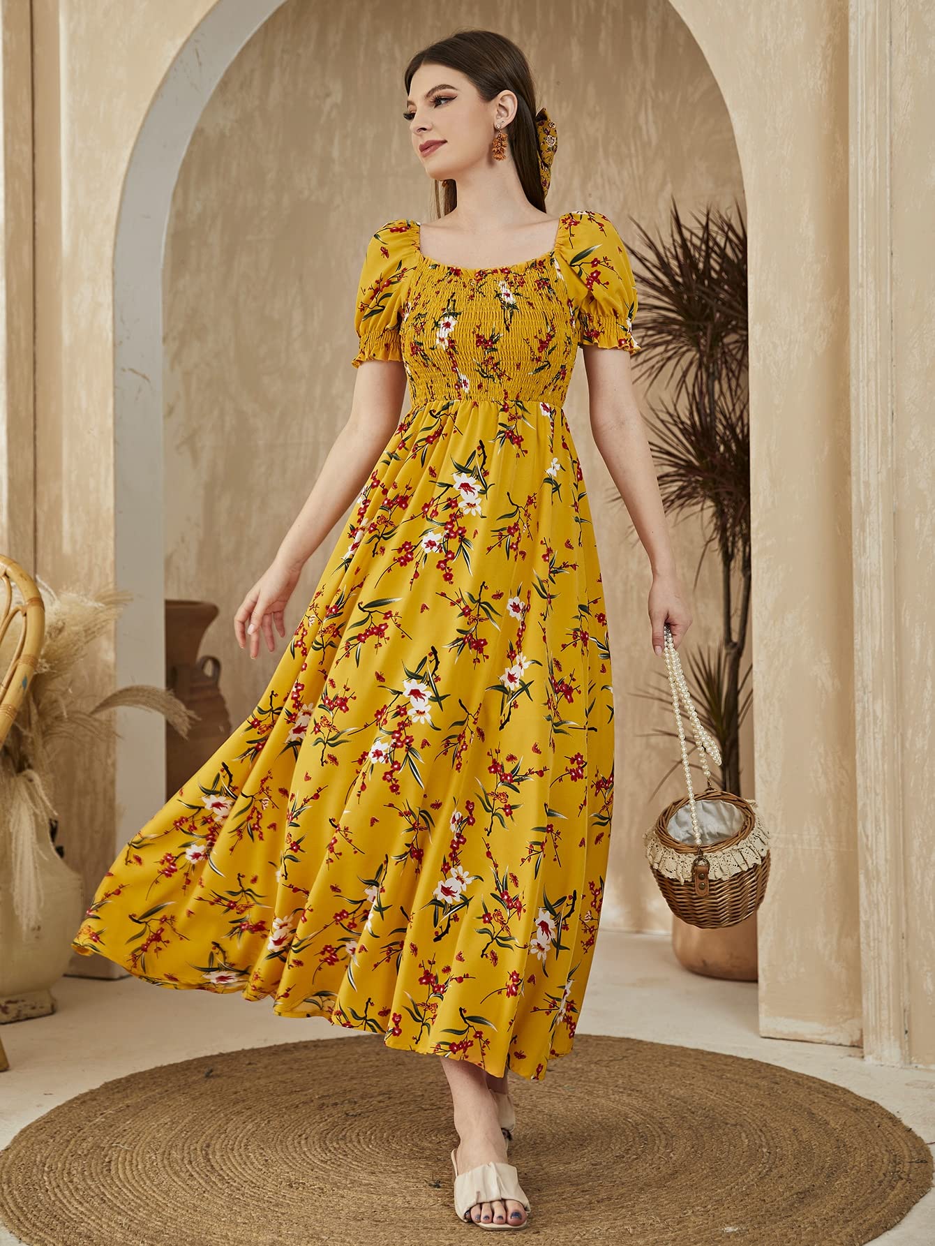 Amazon.com: Neeno Women's Dresses Floral Square Neck Shirred -line Dress  Dress for Women (Color : Mustard Yellow, Size : Large) : Clothing, Shoes &  Jewelry