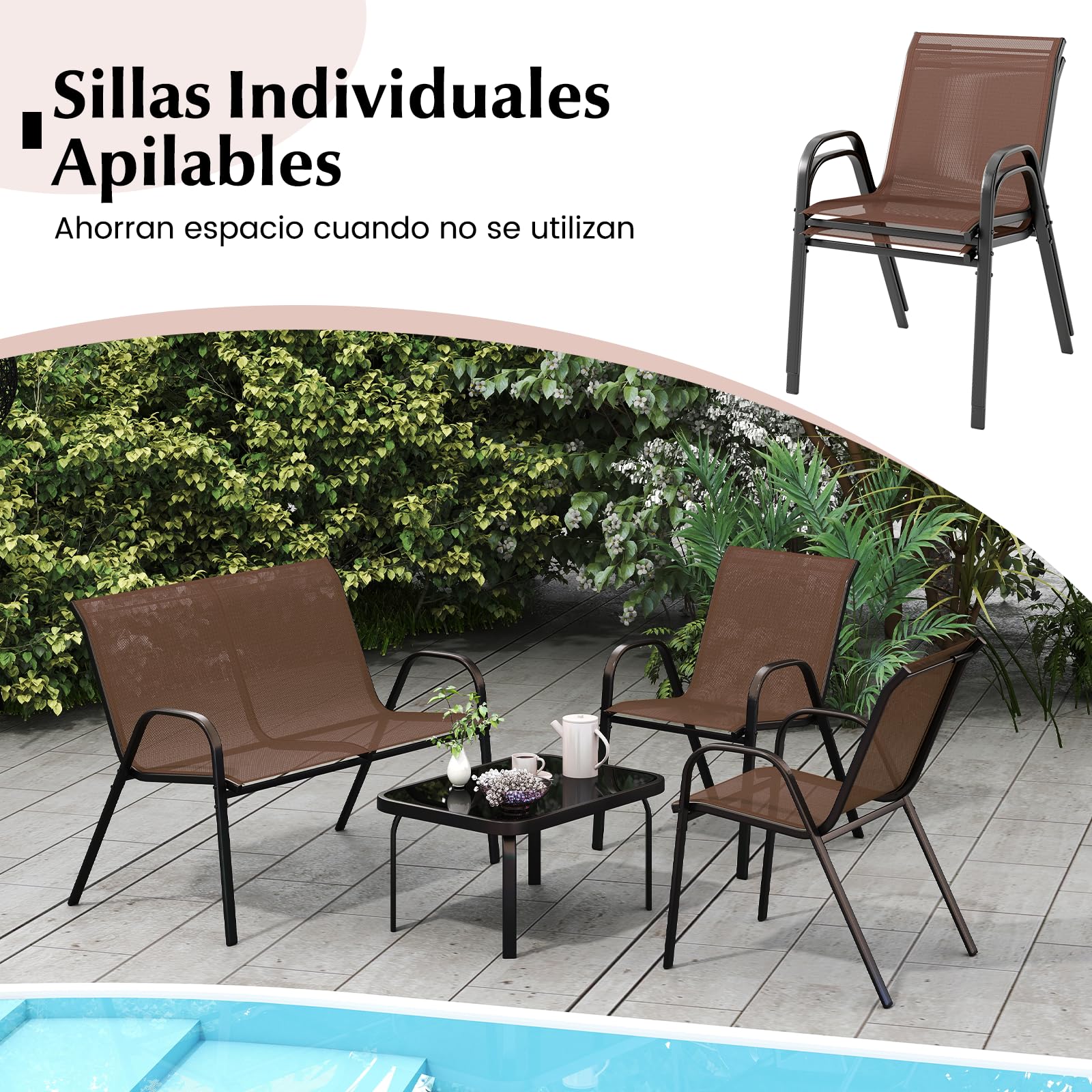 COSTWAY Conjunto Jardin Exterior de 4 Piezas, Mesa de Café de Cristal Templado, Banco y 2 Sillas Individuales, Tela Textilene, Mesa y Sillas, Muebles Jardin Terraza Balcon Exterior (marrón)