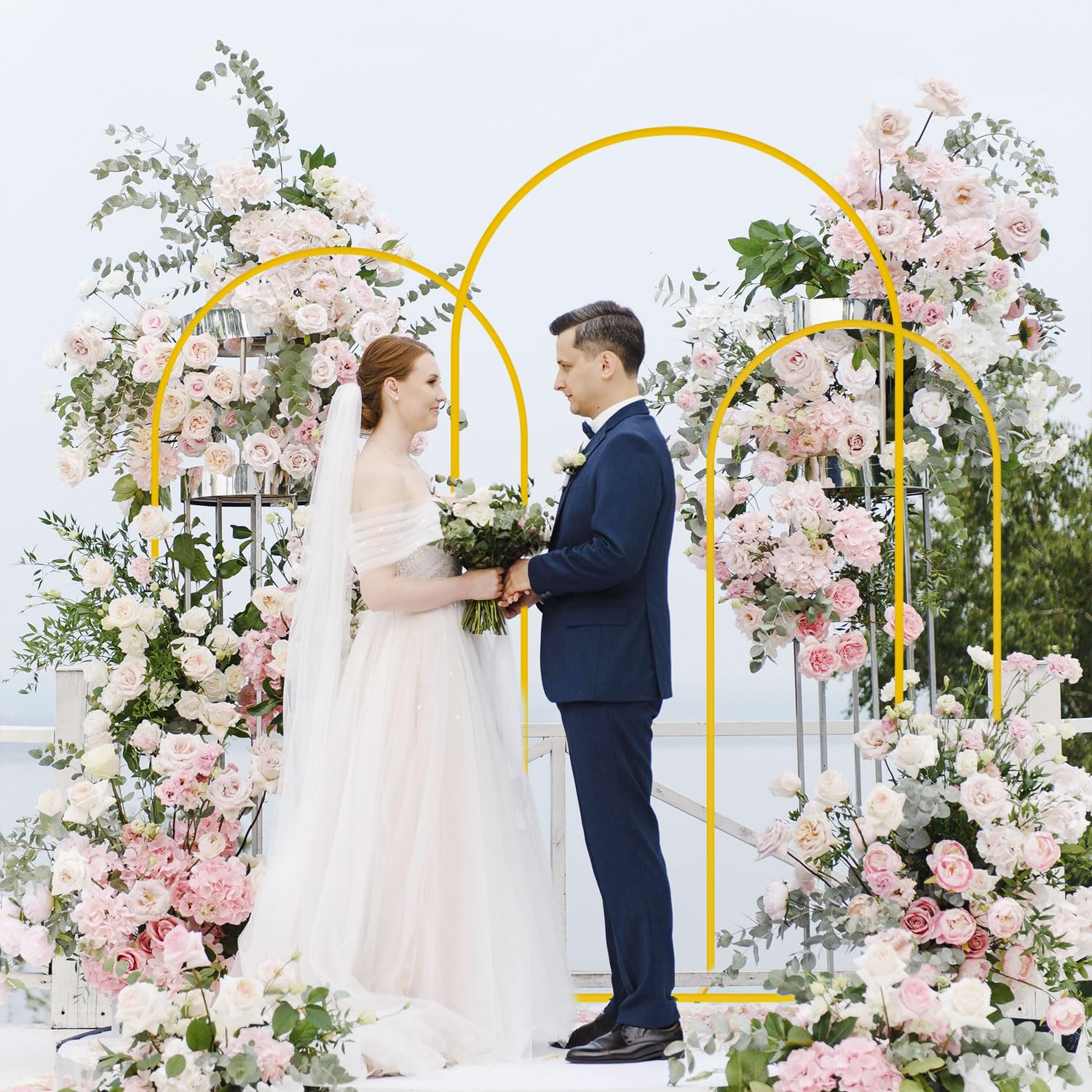 FUHSY Ensemble de support en métal pour arc de mariage de 3 pièces, or, support de fond de fête 1,2 m, 1,5 m, 1,8 m, cadre cintré en ballon, support pour arc de fond Chiara pour jardin, décoration de