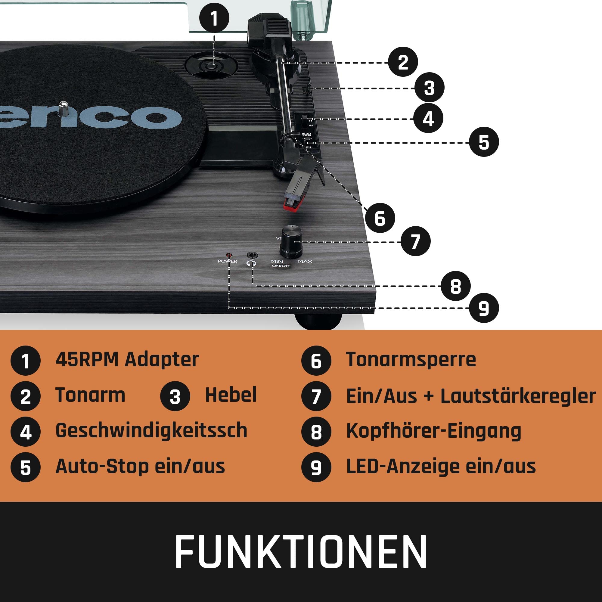 Lenco LS-10BK - Plattenspieler - Schallplattenspieler - Vinyl Player | Riemenantrieb - eingebaute Lautsprecher - Kopfhöreranschluß - 33 u. 45 U/min - RCA - Schwarz